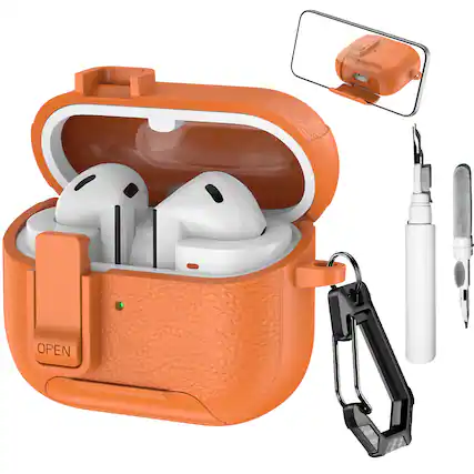 Front. Dteck - Case for Samsung Galaxy Buds 3/3 Pro/3 FE with Phone Holder & Keychain,Leather Texture Earbuds Cover for Man Women - Orange.