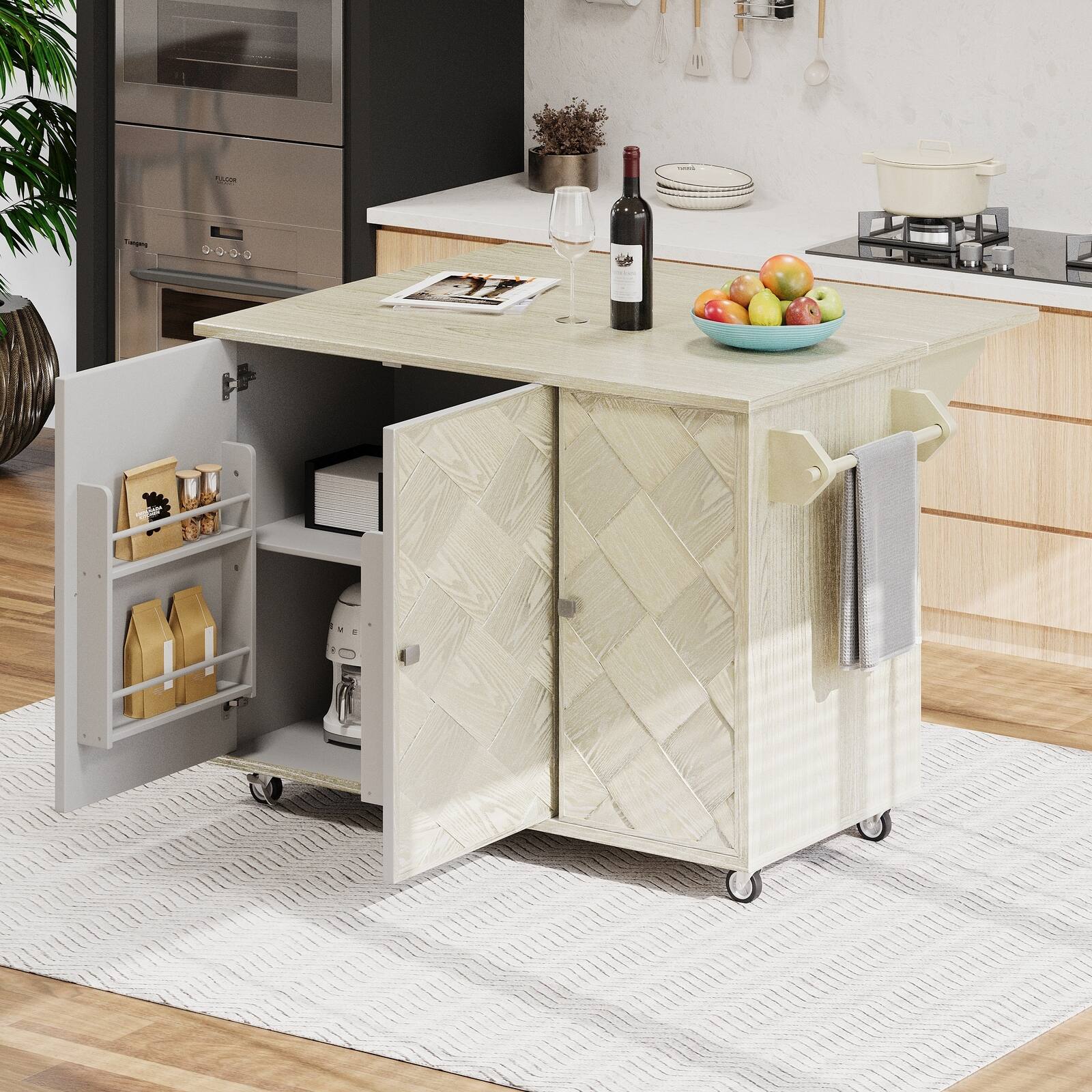 Angle. Spaco - Spaco 51.2" Kitchen Island Cart with Drop Leaf, Handwoven Doors, Locking Casters, Internal Storage Rack, Solid Wood - Champagne.