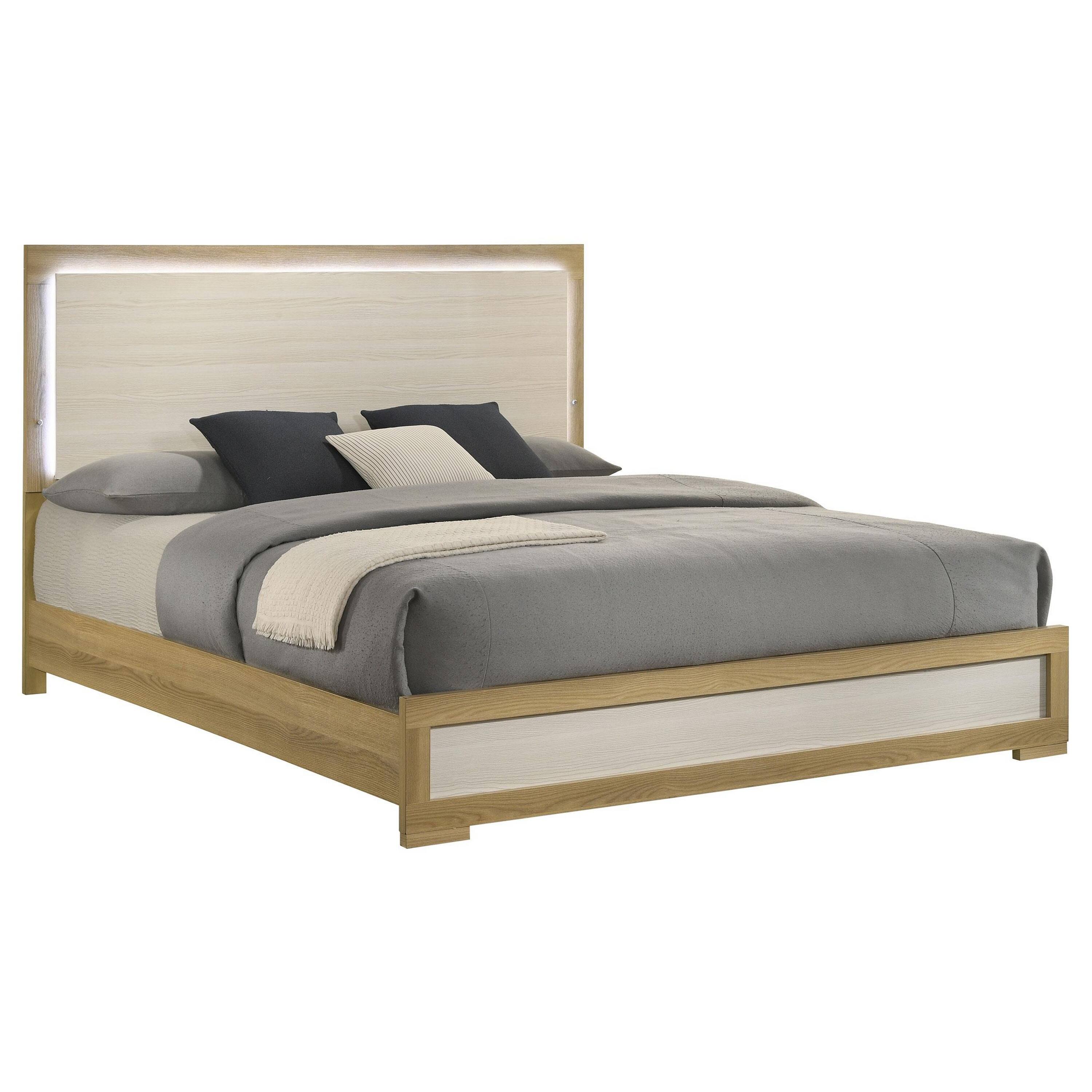 Alt View 2. Manhattan Lane - Hyle King Size Bed, Natural Brown Hardwood, LED Backlit Headboard - Natural Brown, White.