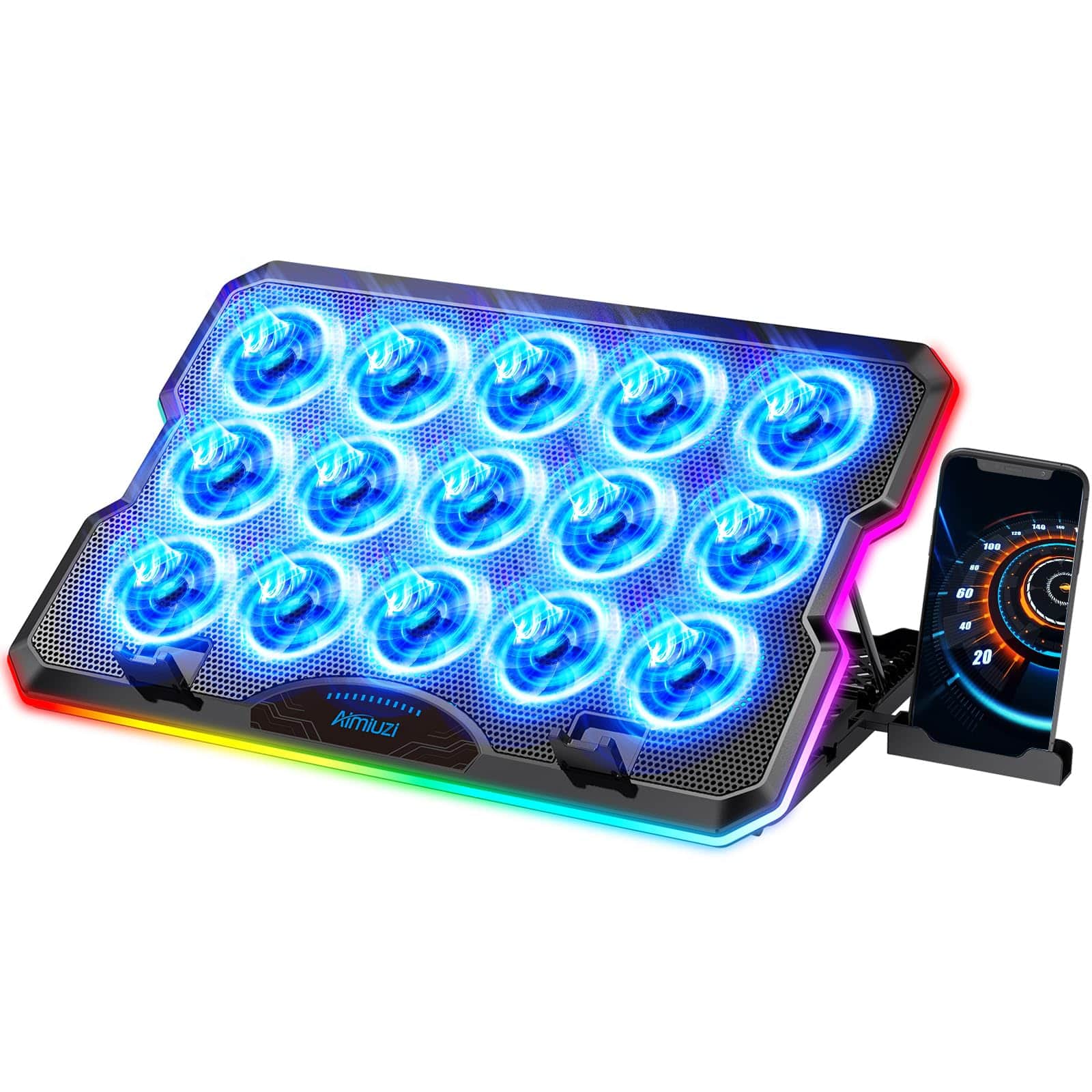 HongFei - Gaming Laptop Cooling Pad, Laptop Cooler with 15 Quiet Fans for 12-17.3 Inch Notebook, Slim Portable Stand - Colorful Lights