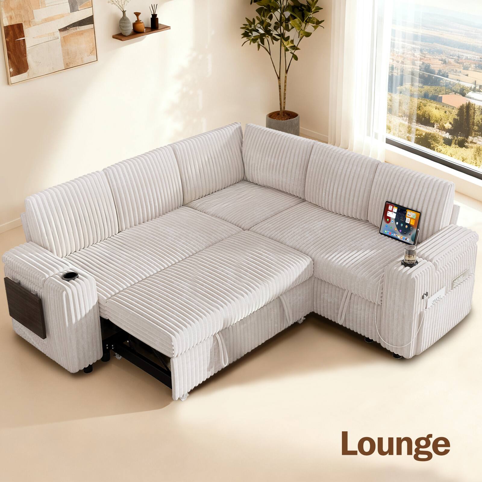 Alt View 1. Dyonery - 85" Modular 5 Seat L Shaped Couch with Reclining Backrest|USB Ports|Cup Holders|Side Table|Storage Chaise Armrests - Beige.