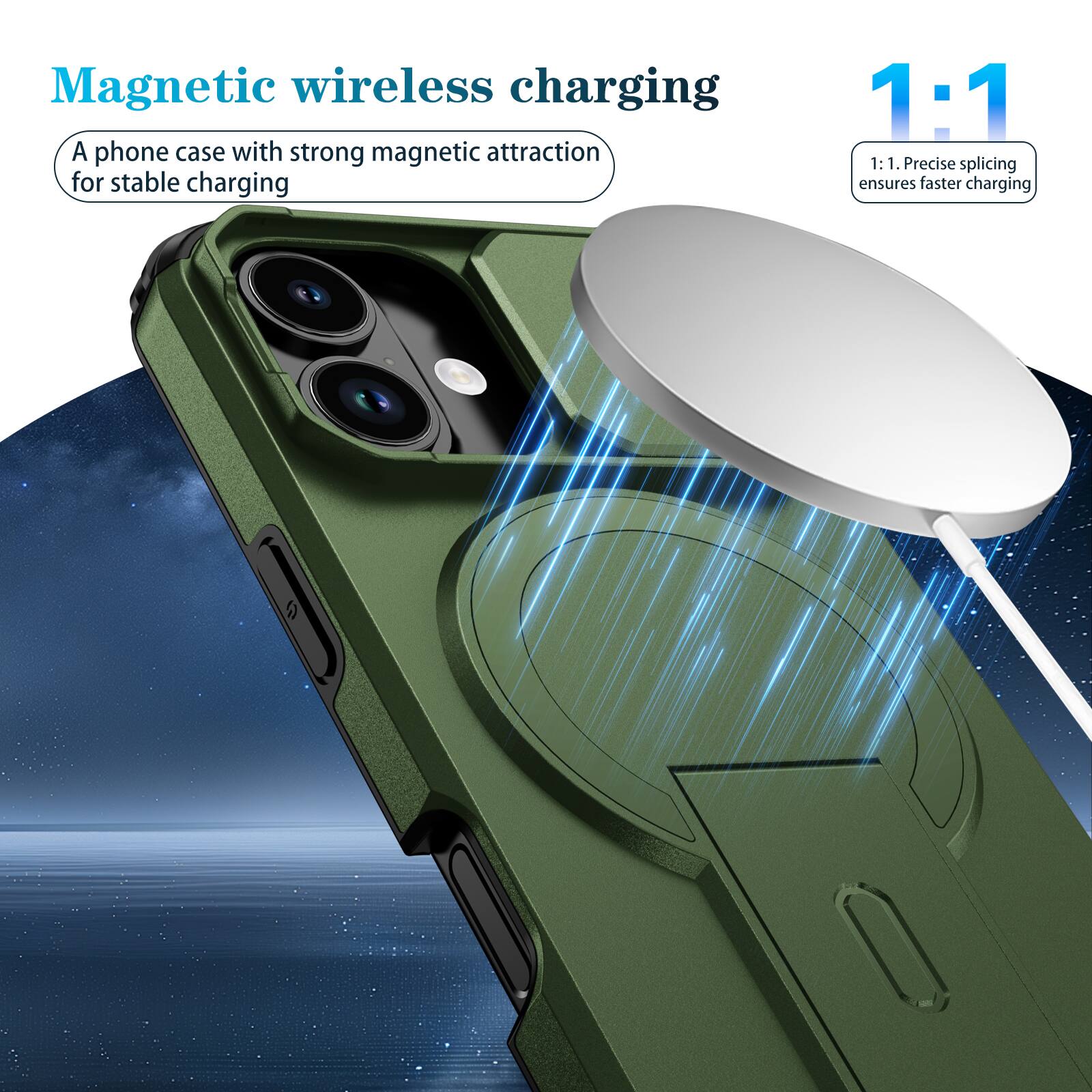 Magnetic wireless charging

A phone case with strong magnetic attraction for stable charging

1:1

1:1. Precise splicing ensures faster charging