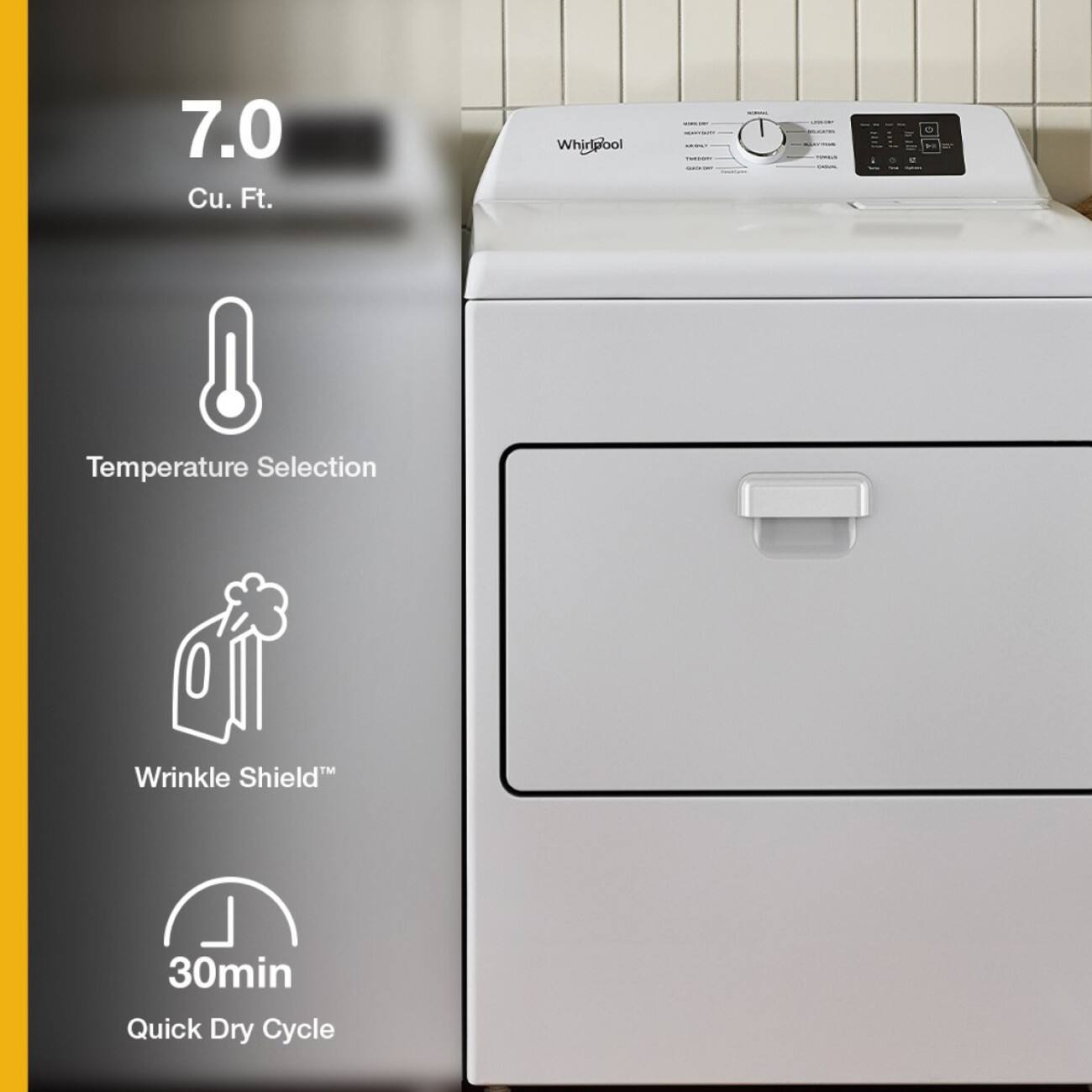 7.0 Cu. Ft. Whirlpool Temperature Selection, Wrinkle Shield, 30min Quick Dry Cycle