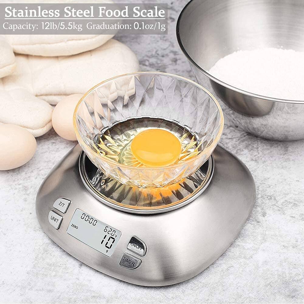Stainless Steel Food Scale  
Capacity: 12lb/5.5kg  
Graduation: 0.1oz/1g  

ZIT UNIT ZERO 00:00 1 6 620, T 10 ON/OFF TIMER