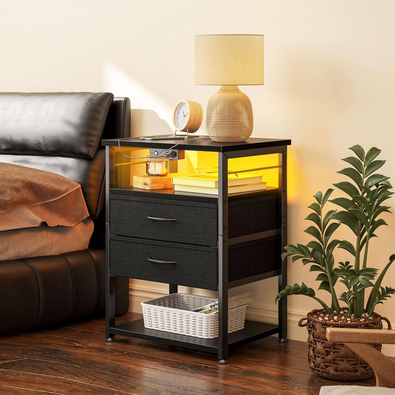 Back. PO3TICJUNKI3 - Night Stand With Charging Station End Table For Bedroom Tall Nightstand Drawers 4 Tier Storage Bedside - Black.