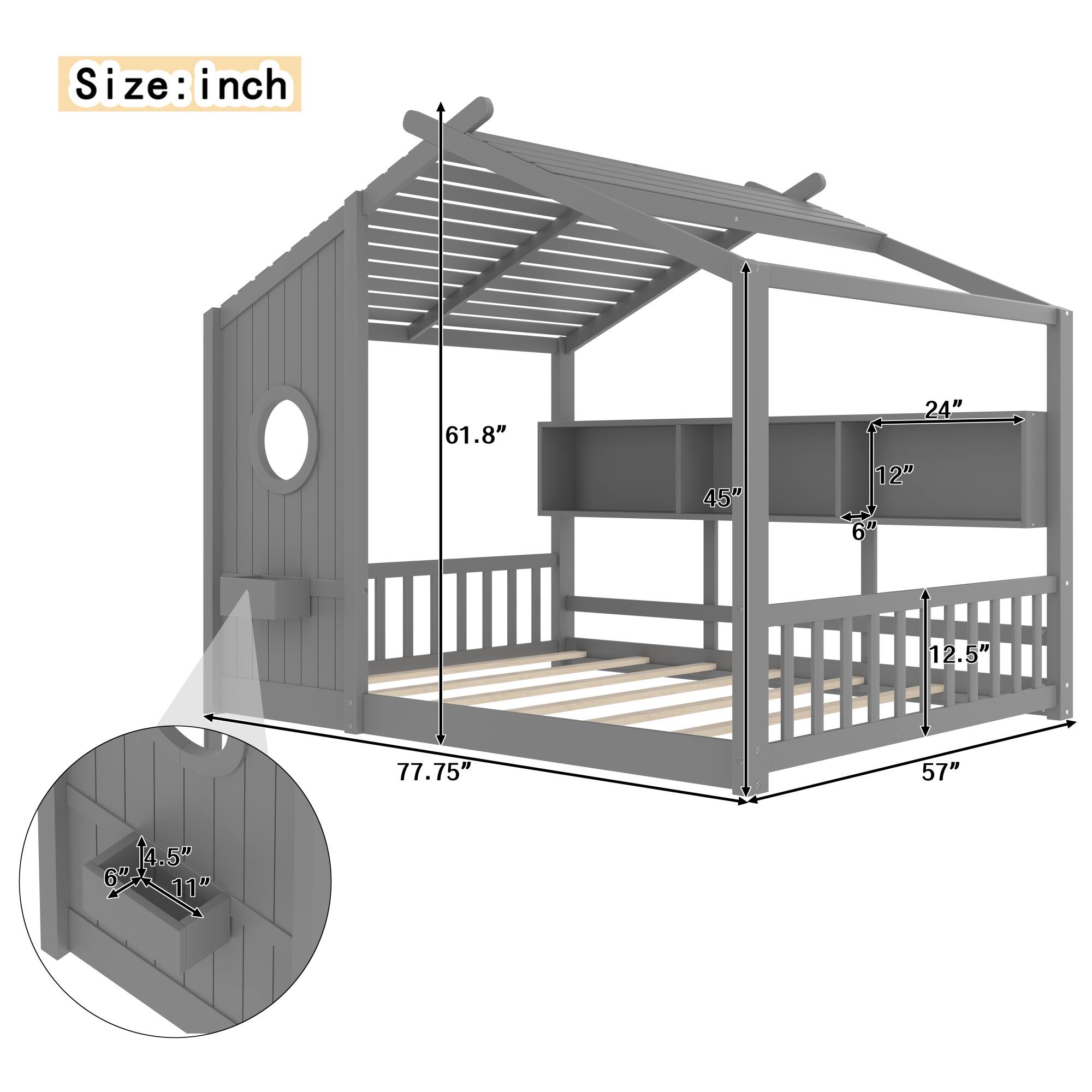 Size: inch  
61.8" 45" 24" 12" 12.5" 77.75" 57" 6" 11.5" 11"
