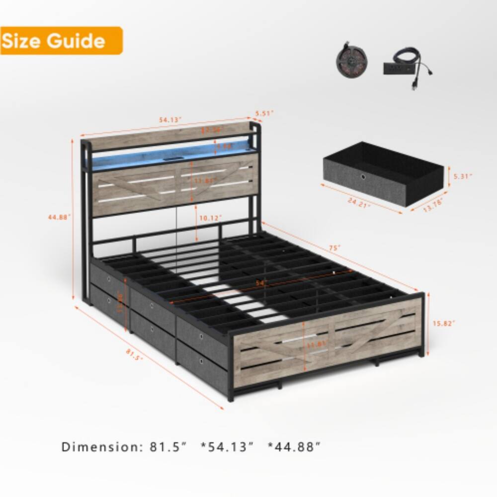 LUCKY ONE Full Size Bed Frame with Storage Headboard, 12 Drawers, LED ...