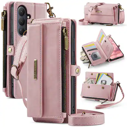 Front. Dteck - Wallet Case for Samsung Galaxy S26, Leather Shockproof Card Slots Zipper Pocket Cover With Shoulder Strap+Lanyard - Pink.