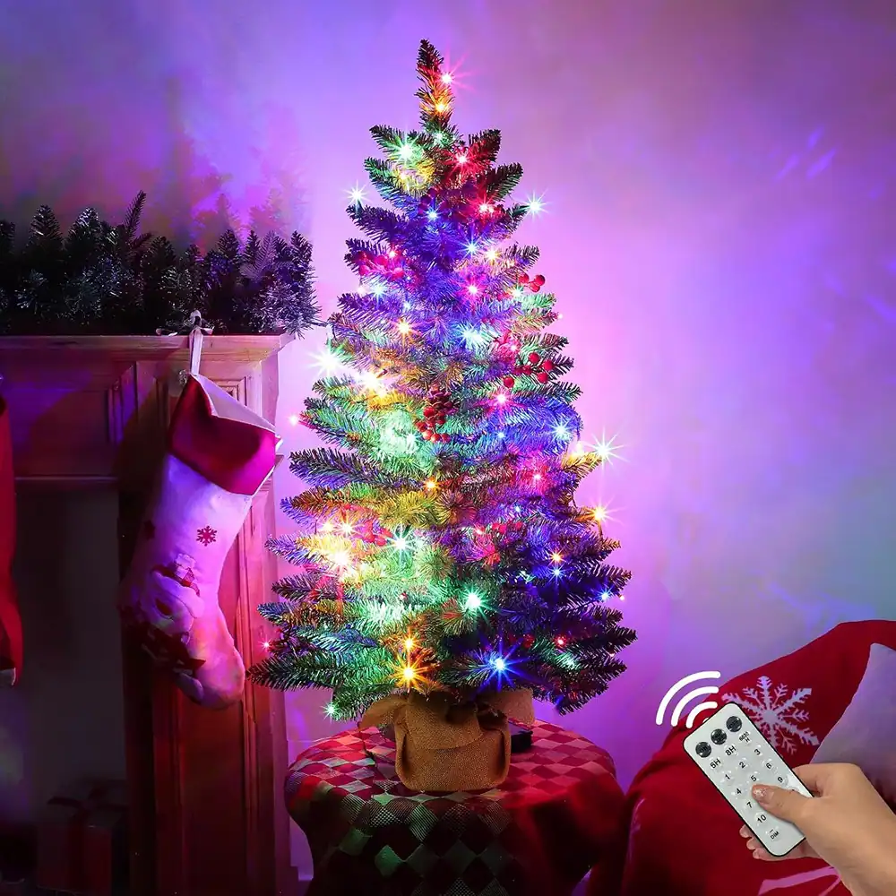 Back. RTMB - 3FT Artificial Christmas Tree, Pre-Lit, Multi-Color Lights, Tabletop Decor - Multicolor.