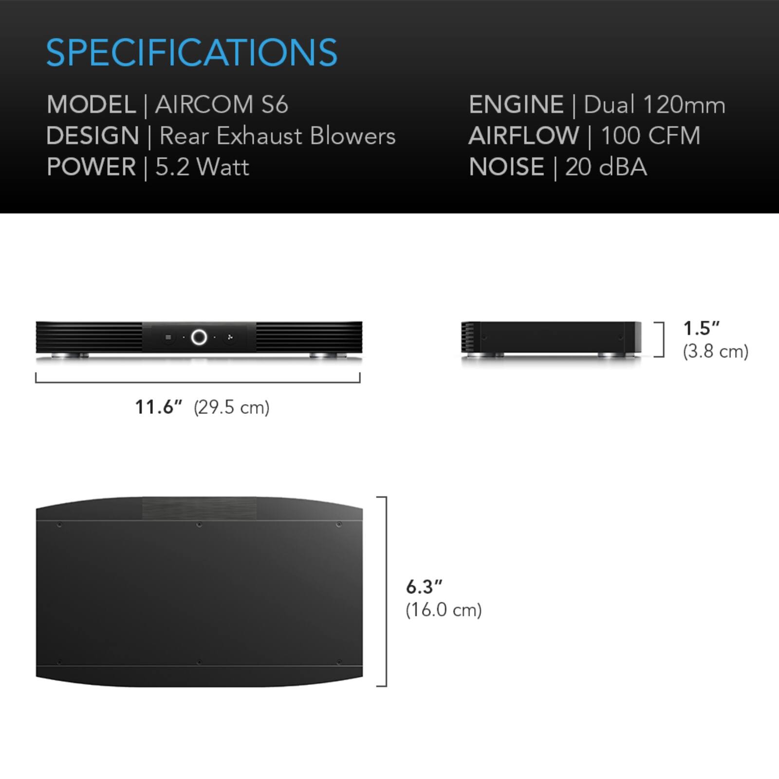 SPECIFICATIONS  
MODEL | AIRCOM S6  
DESIGN | Rear Exhaust Blowers  
POWER | 5.2 Watt  
ENGINE | Dual 120mm  
AIRFLOW | 100 CFM  
NOISE | 20 dBA  

1.5" (3.8 cm)  
11.6" (29.5 cm)  
6.3" (16.0 cm)