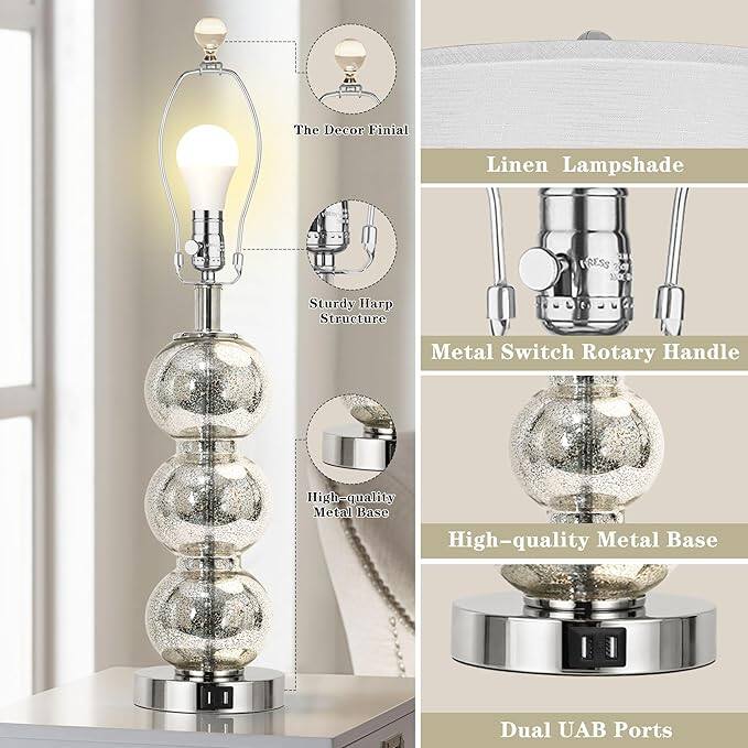 - The Decor Finial
- Linen Lampshade
- Sturdy Hap Structure
- Metal Switch Rotary Handle
- High-quality Metal Base
- Dual UAB Ports