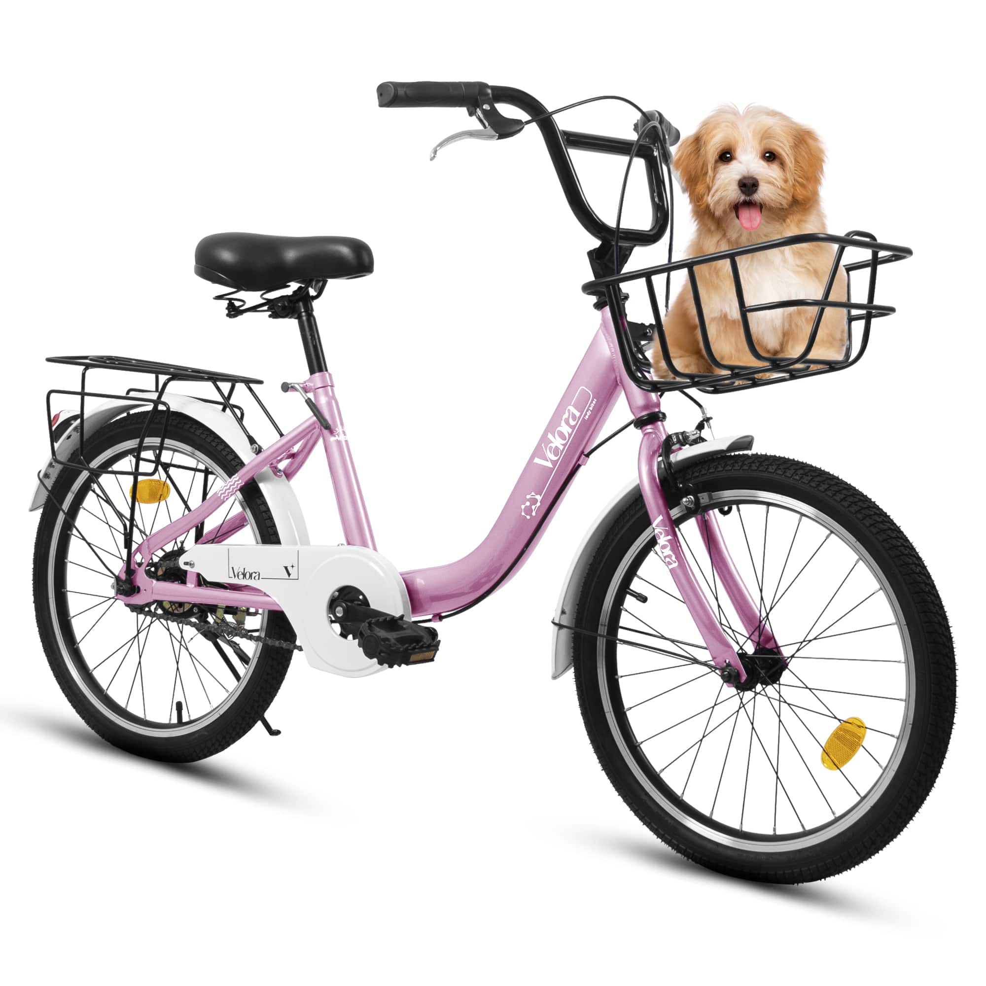 Aukfa - 20 Inch Kids Bike for Boys & Girls - Coaster & V-Brake, 1-Speed, Steel Frame, Chain Guard, Rear Rack - Pink