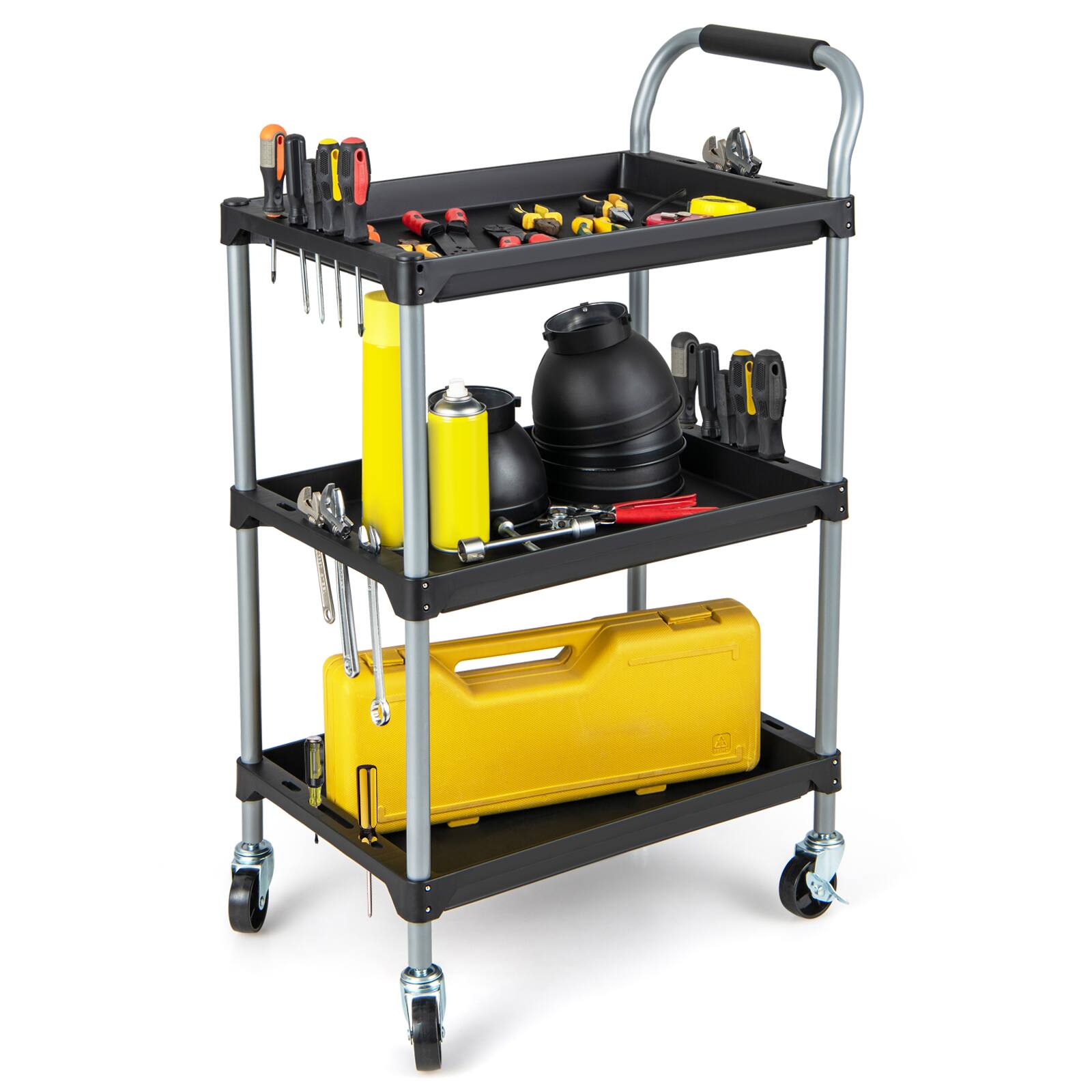 Front. Ecooso - 3-Layer Tool Cart Mobile Storage Organizer with PP Shelves and Swivel Wheels - Black.