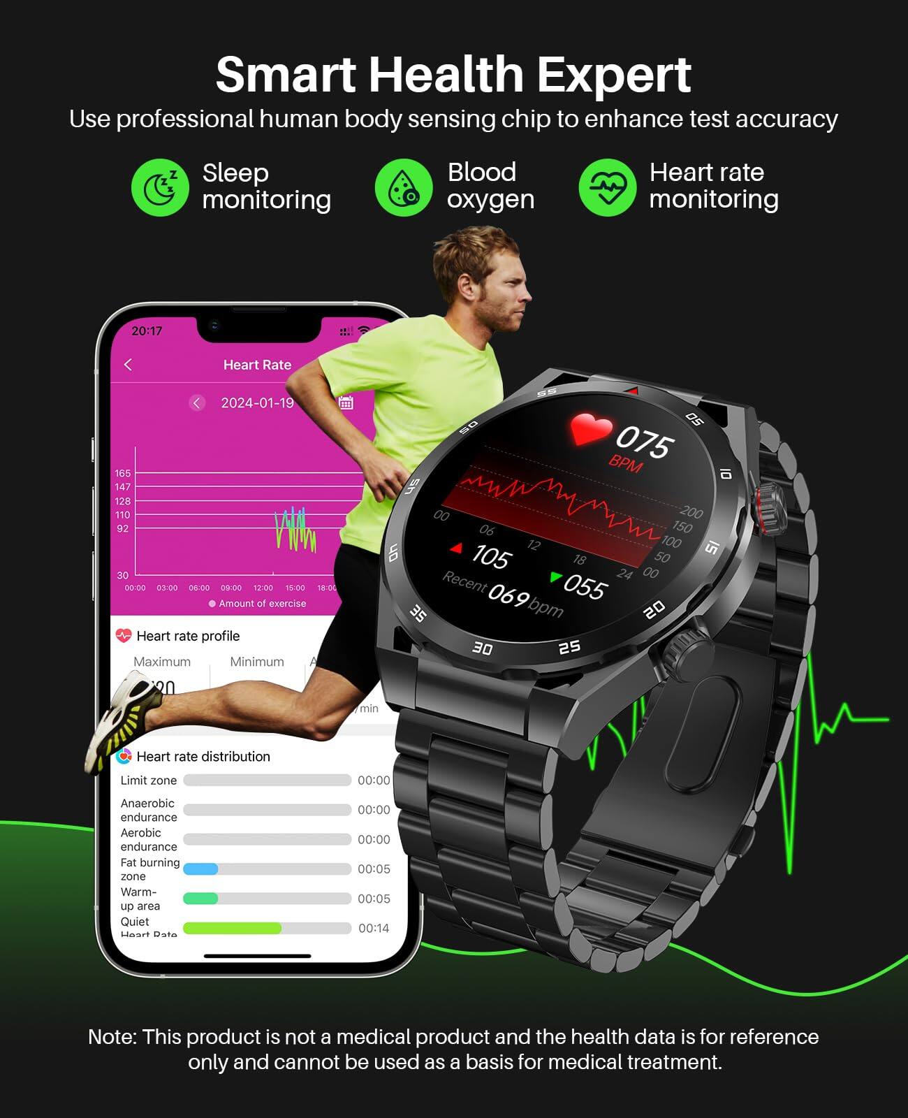 Smart Health Expert  
Use professional human body sensing chip to enhance test accuracy  

- Sleep monitoring  
- Blood oxygen  
- Heart rate monitoring  

20:17  
Heart Rate  
2024-01-19  
165 147 128 110 92  

Amount of exercise  
Heart rate profile  
Maximum Minimum  
05 BPM 075 00 200 06 150 12 100 un 105 18 50 24 00  

Recent 055 069 bpm  
20 35 DE 25 20 min  

Heart rate distribution  
Limit zone  
Anaerobic endurance  
Aerobic endurance  
Fat burning zone  
Warm-up area  
Quiet  

Note: This product is not a medical product and the health data is for reference only and cannot be used as a basis for medical treatment.