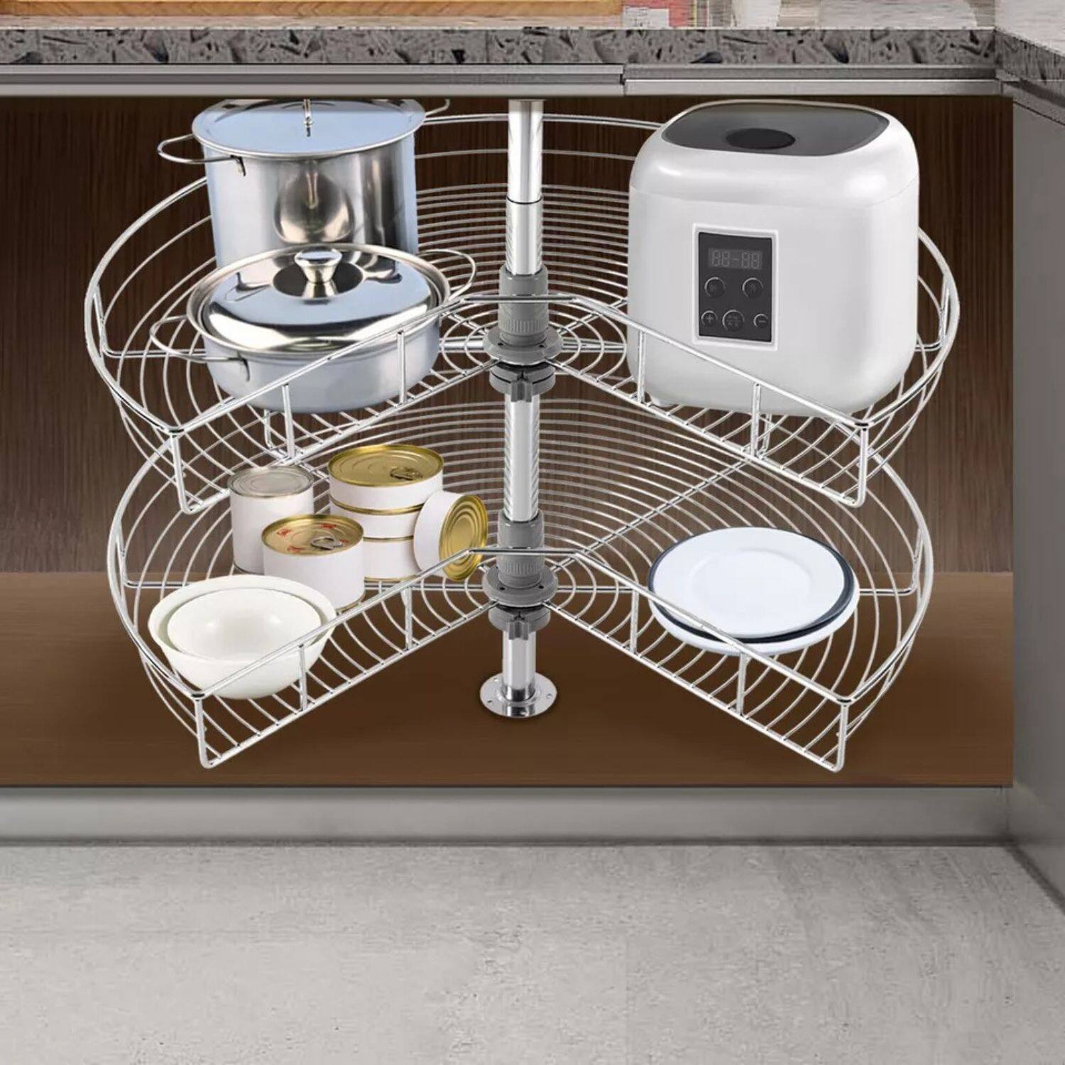 Angle. Stock Preferred - 28" Kidney Shaped 2-Shelf Cabinet Corner Organizer Rack - Silver.