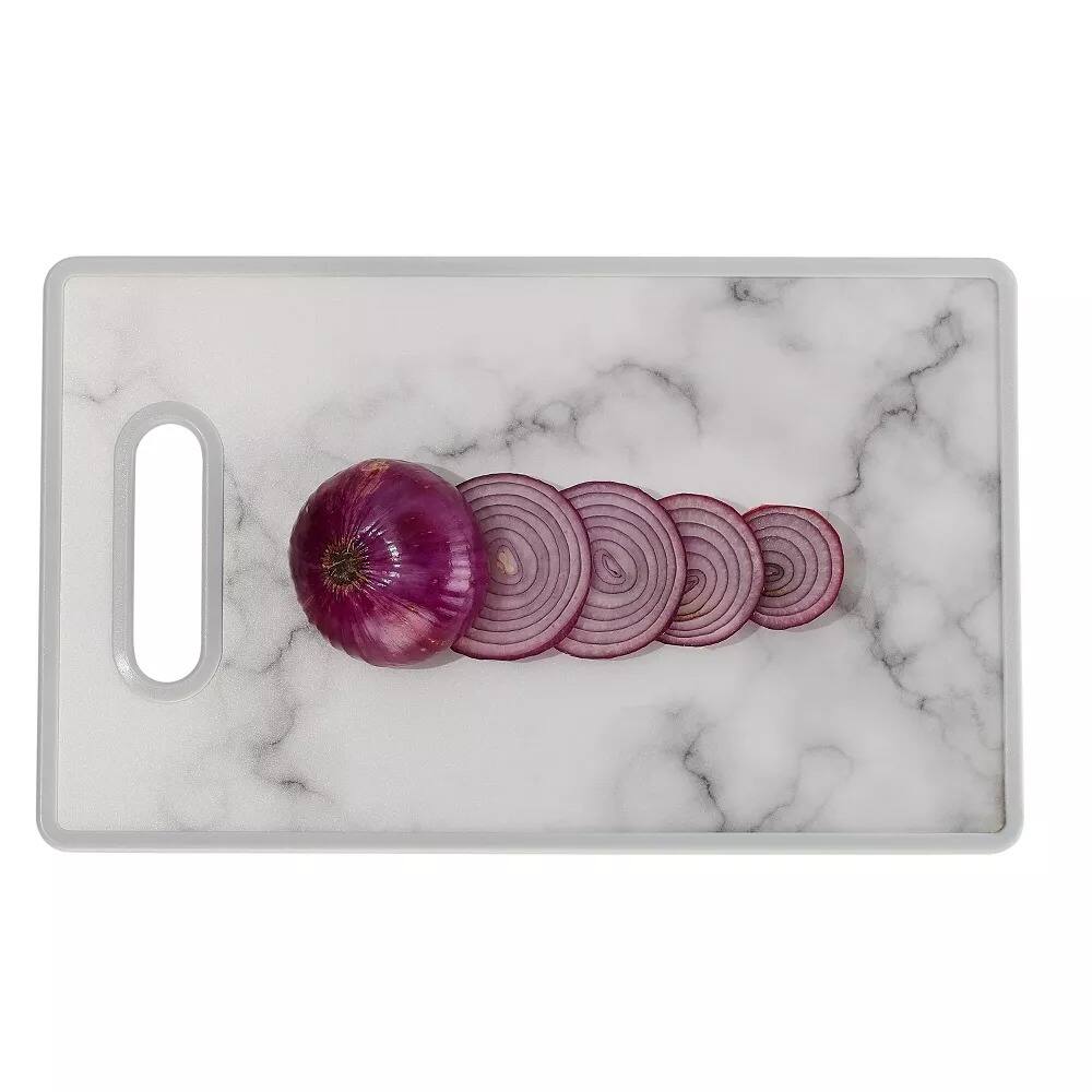 Left. Elle Decor - 9" x 14" Kitchen Cutting Board -Marble Designed Plastic, Nonslip, Easy-Grip Handle, Dishwasher Safe - Marble.