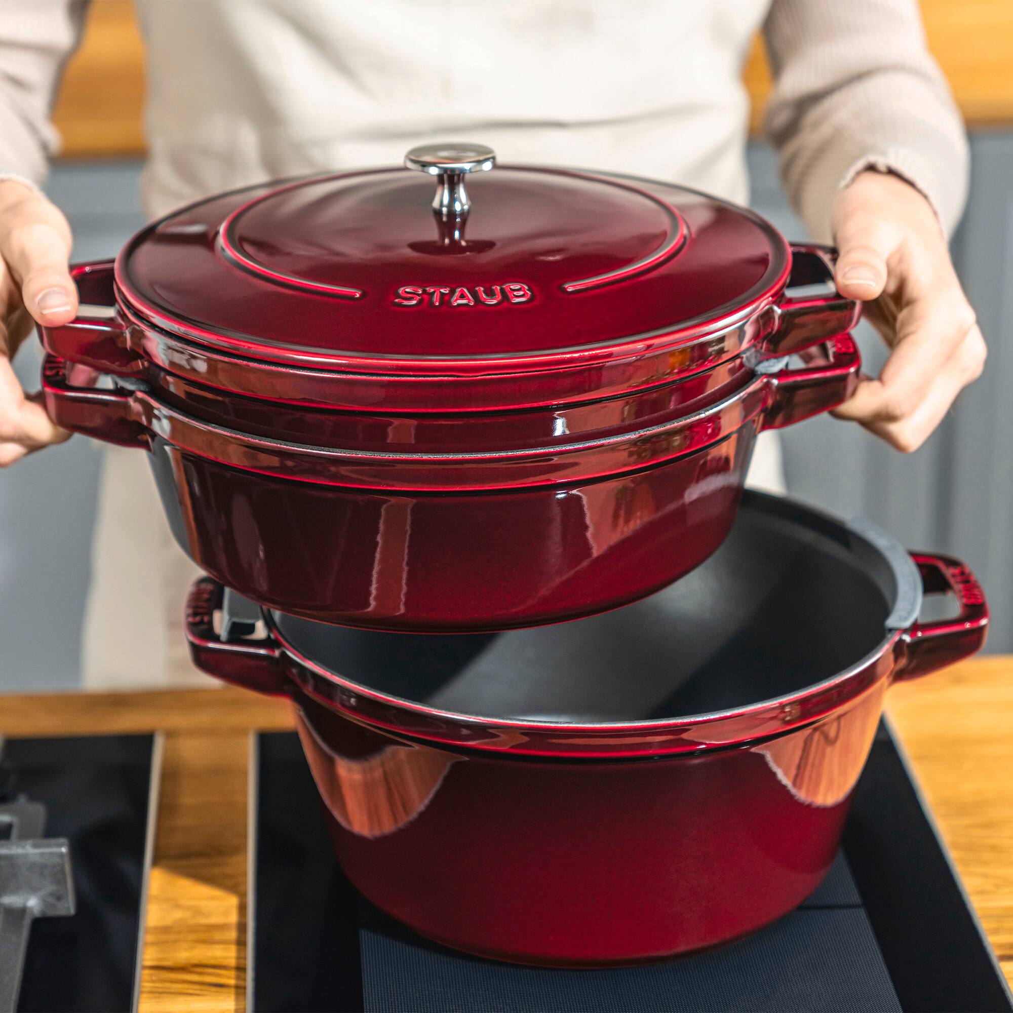 Alt View 9. Staub - STAUB Cast Iron Set 4-pc, Stackable Space-Saving Cookware Set, Dutch Oven with Universal Lid, Made in France, Grenadine - Grenadine.