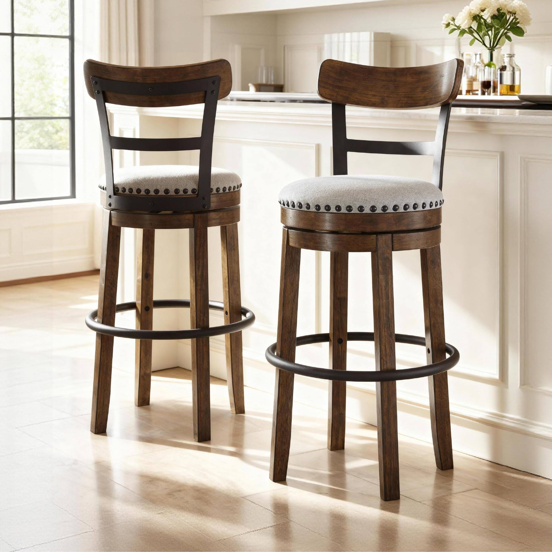 Left. JETRANSPORT - Valebeck | 30" Farmhouse Pub-height Swivel Barstool With - Upholstered Cushion Nailhead Trim Metal & - Dark Brown Counter Backless.