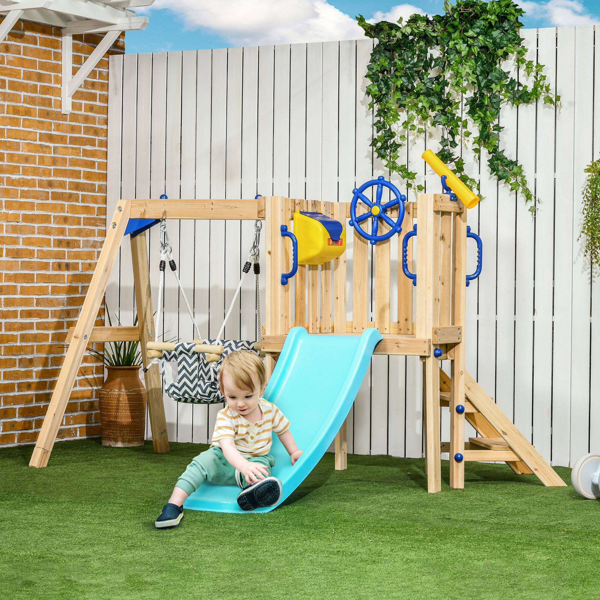 Angle. Outsunny - Wooden Swing Set, Backyard, Toddler Outdoor Playset, Baby Swing Seat, Kids Slide, Fort, Captain's Wheel, Telescope.