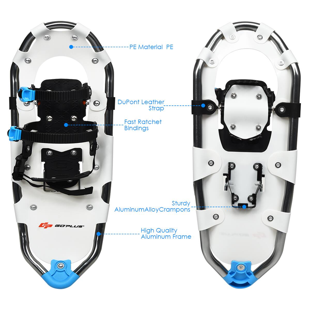 The image shows a pair of skis with various parts labeled, including a PE material, a DuPont leather strap, a fast ratchet, bindings, and aluminum alloy crampons. The skis are also described as having a sturdy aluminum alloy frame and being of high quality.