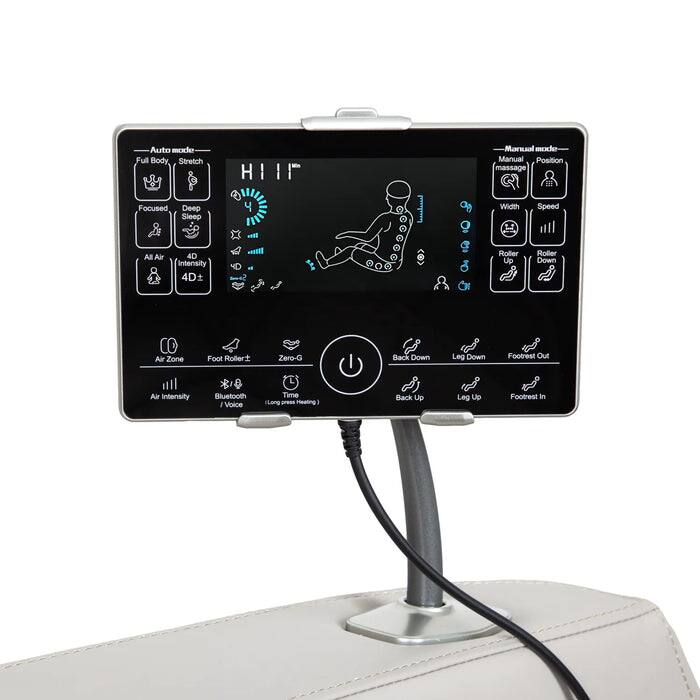 Auto mode: Full Body, Stretch, Focused, Deep Sleep, HIIT  
4 cl  
Manual mode: Manual Position, massage, Width, Speed, All Air, 4D intensity, 4D, Iiss, 4D, C4, Roller Up, Roller Down, Air Zone, Foot Roller, Zero-G, Back Down, Log Down, Footrest, NO ll, Air intensity, 8, Bluetooth, Voice, Time, Long press, Heating, Back Up, Leg Up, Footreat In