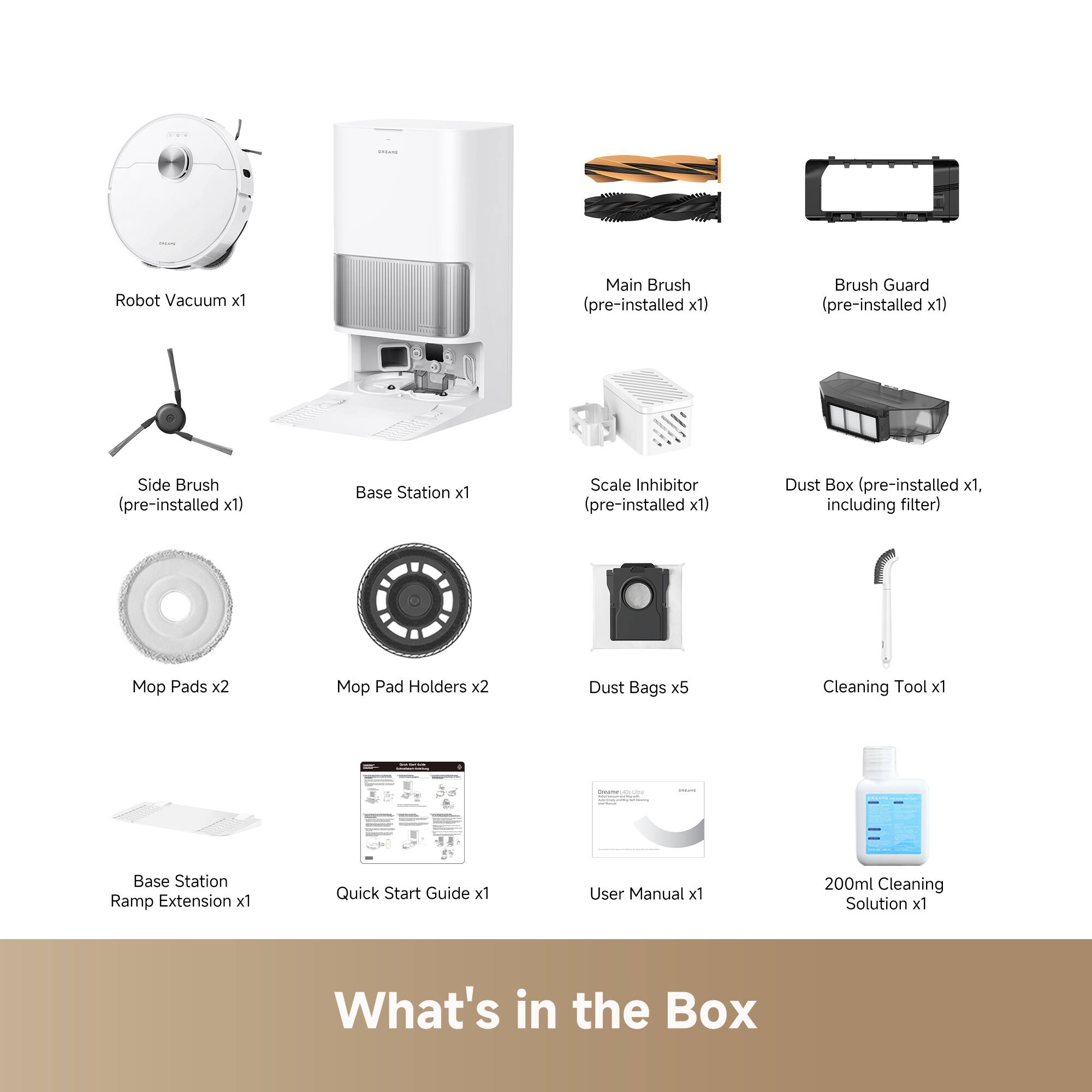 Robot Vacuum x1  
Main Brush (pre-installed x1)  
Brush Guard (pre-installed x1)  
Side Brush (pre-installed x1)  
Base Station x1  
Scale Inhibitor (pre-installed x1)  
Dust Box (pre-installed x1, including filter)  
Mop Pads x2  
Mop Pad Holders x2  
Dust Bags x5  
Cleaning Tool x1  
Base Station Ramp Extension x1  
Quick Start Guide x1  
User Manual x1  
200ml Cleaning Solution x1  

What's in the Box