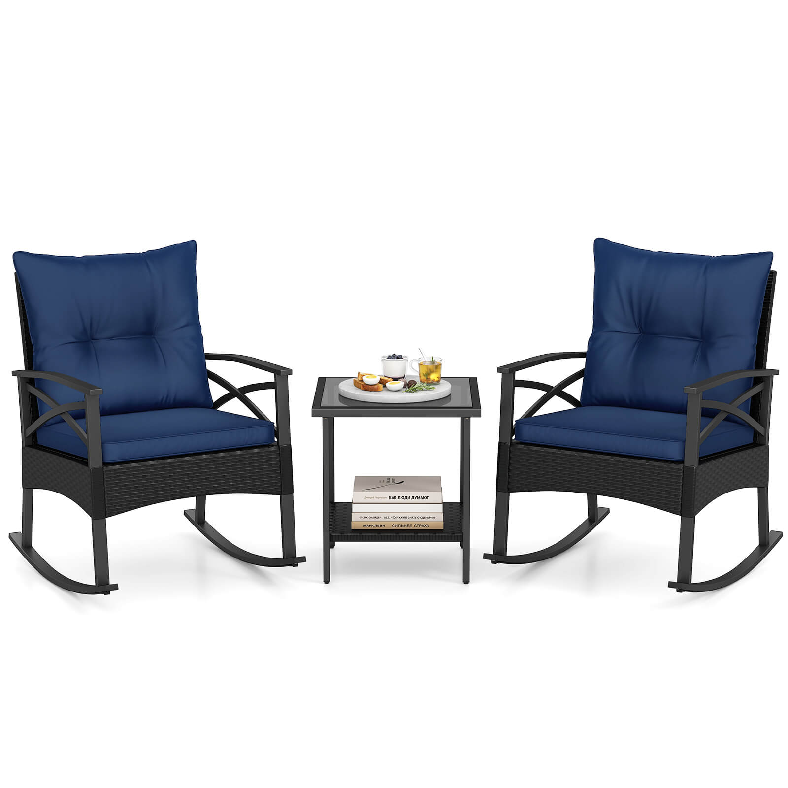 Costway - 3-Piece Rattan Rocking Bistro Set with Tempered Glass Tabletop & Cushions for Porch - Black + Navy price history on PriceWatchPro
