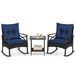 Costway - 3-Piece Rattan Rocking Bistro Set with Tempered Glass Tabletop & Cushions for Porch - Black + Navy