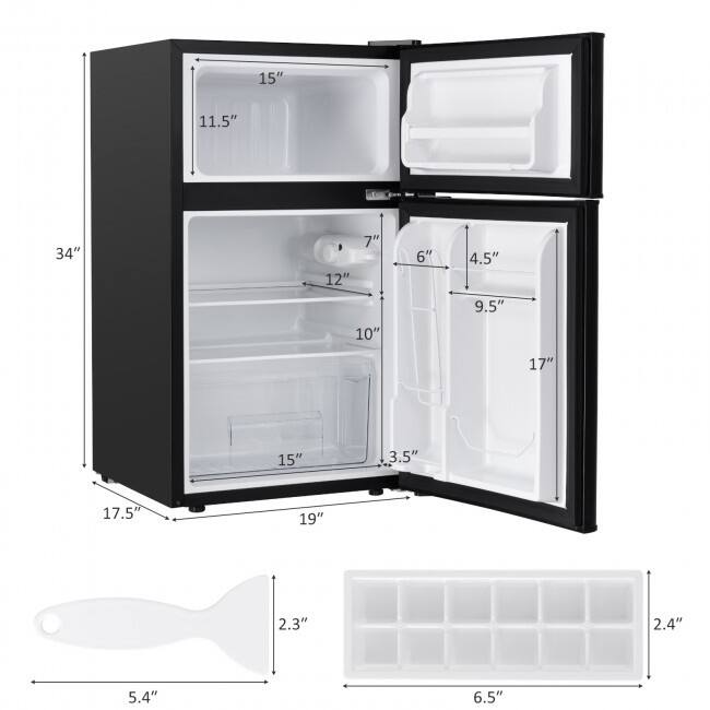 - Height: 34"
- Width: 17.5"
- Depth: 19"
- Freezer Section:
  - Height: 15"
  - Width: 11.5"
- Refrigerator Section:
  - Height: 15"
  - Width: 10"
  - Depth: 12"
  - Top Shelf: 7" (width) x 6" (depth)
  - Middle Shelf: 9.5" (width) x 4.5" (depth)
  - Bottom Shelf: 17" (width) x 3.5" (depth)
- Ice Tray: 5.4" (width) x 2.3" (depth)
- Ice Cube Tray: 6.5" (width) x 2.4" (depth)