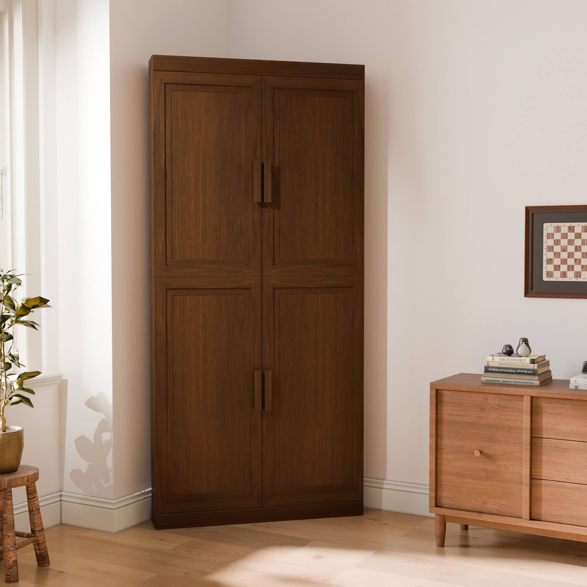 Front. PexFix - 67" Farmhouse Corner Accent Storage Cabinet with Solid Wood Doors and Adjustable Shelves for Space-Saving - Walnut.