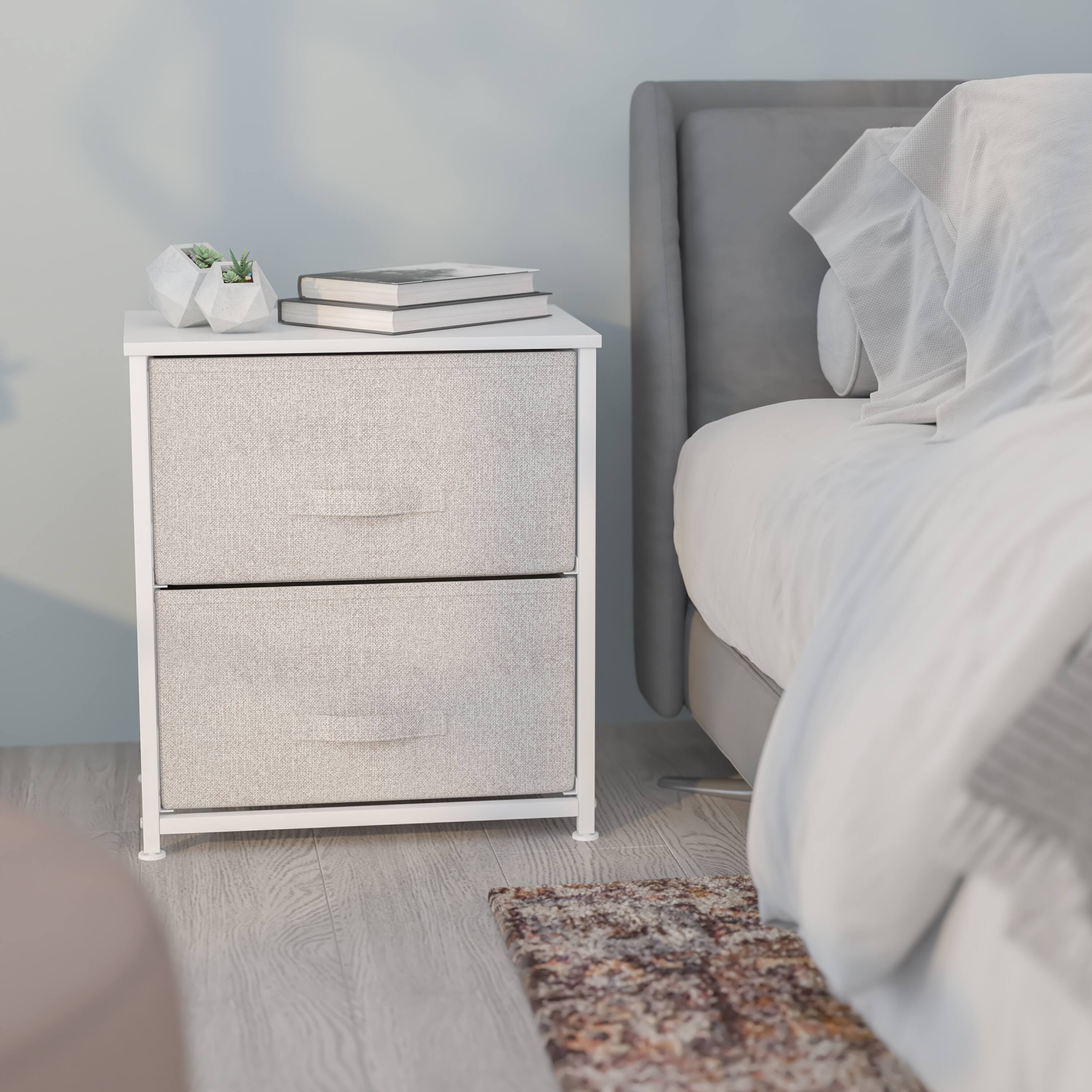 Alt View 1. Emma + Oliver - 2 Drawer Storage Stand with Wood Top & Dark Fabric Pull Drawers - Gray Drawers/White Frame.