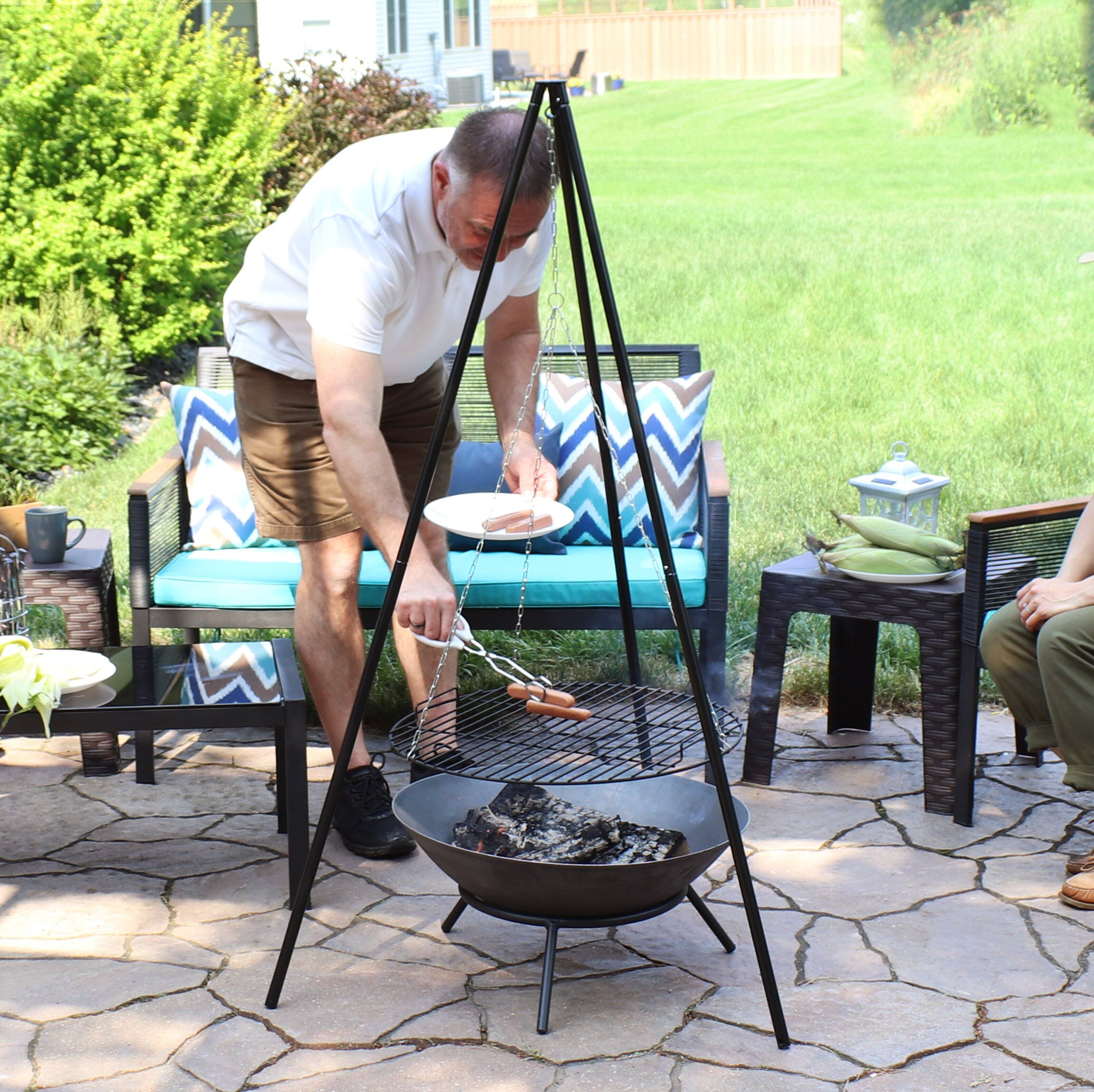 Alt View 8. Sunnydaze - Powder-Coated Steel Fire Pit Tripod Grilling Set for Cooking - Black.