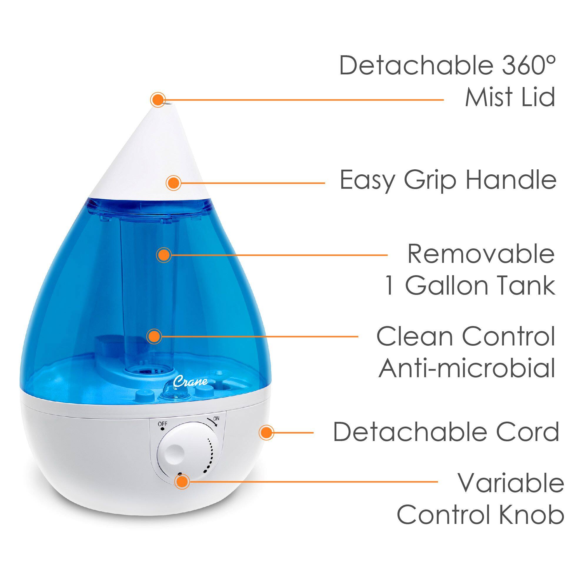 The image features a blue and white air purifier with a detachable 360 Mist Lid, an easy grip handle, and a removable 1 gallon tank. The air purifier also has a crane, a clean control anti-microbial feature, and a detachable cord. Additionally, it has a variable control knob, which allows users to adjust the settings according to their preferences.