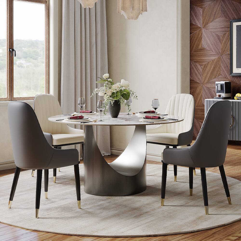 Left. POVISON - 51" Round Dining Table Pandora Glossy Sintered Stone with Gray U-shaped Steel Base - Pandora with Gray.