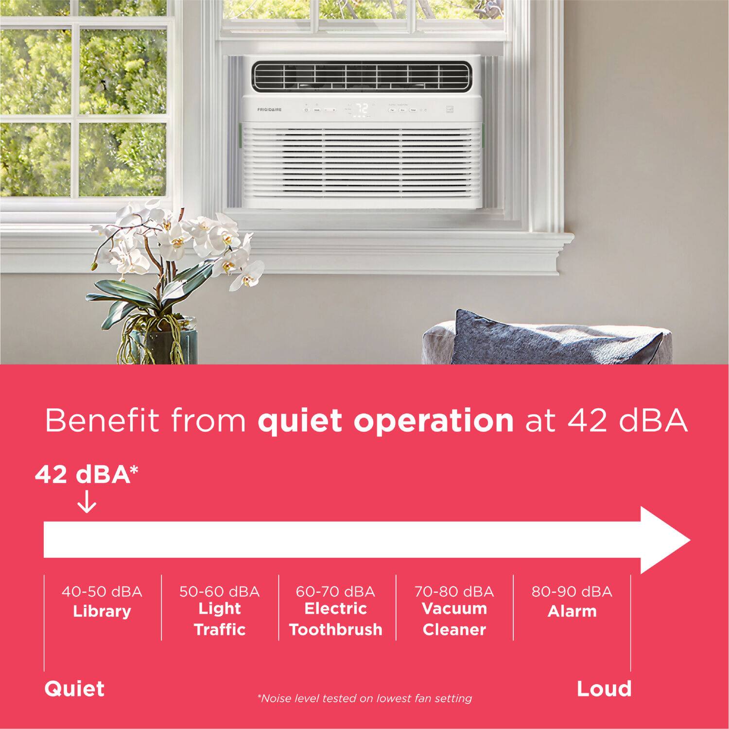 Benefit from quiet operation at 42 dBA

42 dBA*

40-50 dBA Library  
50-60 dBA Light Traffic  
60-70 dBA Electric Toothbrush  
70-80 dBA Vacuum Cleaner  
80-90 dBA Alarm  

Quiet *Noise level tested on lowest fan setting Loud