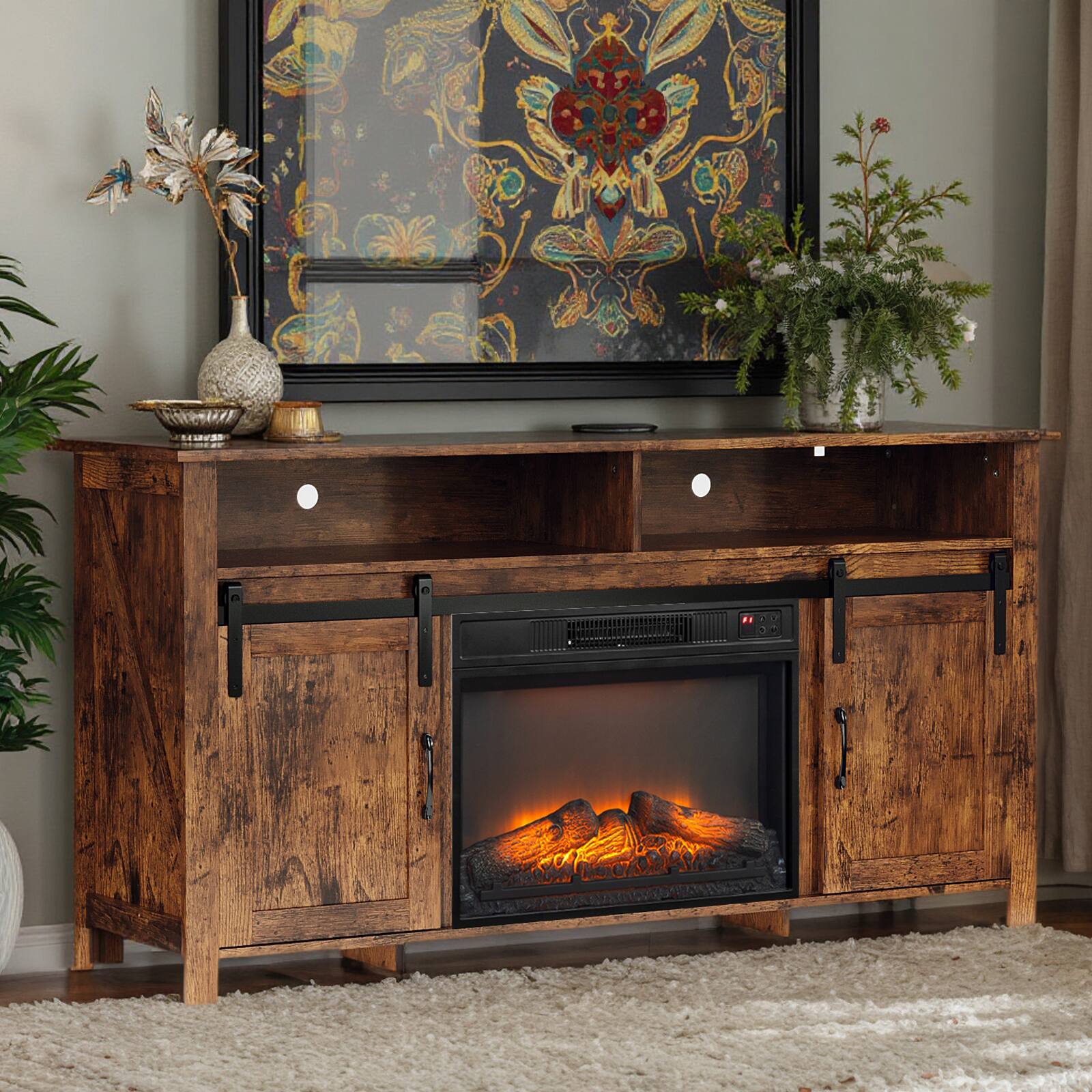 Chateau Abodes - 58" Fireplace TV Stand with 23" Insert, Brown Barn Door Top & Sliding Track - Weathered