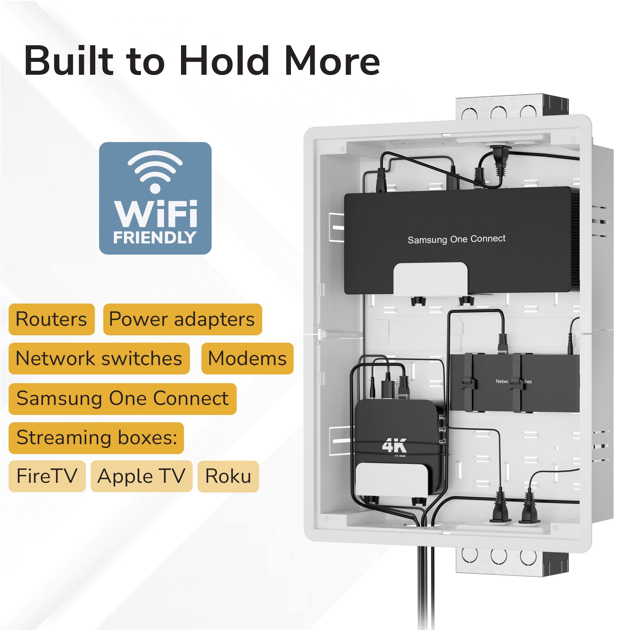 Built to Hold More

WiFi FRIENDLY

- Routers
- Power adapters
- Network switches
- Modems
- Samsung One Connect
- Streaming boxes:
  - FireTV
  - Apple TV
  - Roku