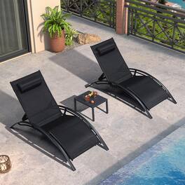 PURPLE LEAF - 3-Pieces Oversized Aluminum Outdoor Chaise Lounge Patio Lounge Chair with Side Table - Black