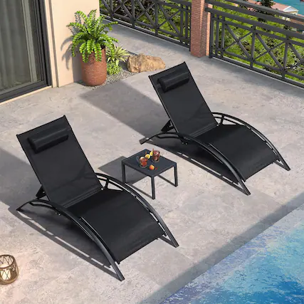 Front. PURPLE LEAF - 3-Pieces Oversized Aluminum Outdoor Chaise Lounge Patio Lounge Chair with Side Table, Black - Black.