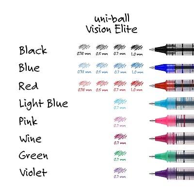 uni-ball Vision Elite

Black
- 0.38 mm
- 0.5 mm
- 0.7 mm
- 1.0 mm

Blue
- 0.38 mm
- 0.5 mm
- 0.7 mm
- 1.0 mm

Red
- 0.38 mm
- 0.5 mm
- 0.7 mm
- 1.0 mm

Light Blue
- 0.7 mm

Pink
- 0.7 mm

Wine
- 0.7 mm

Green
- 0.7 mm

Violet
- 0.7 mm