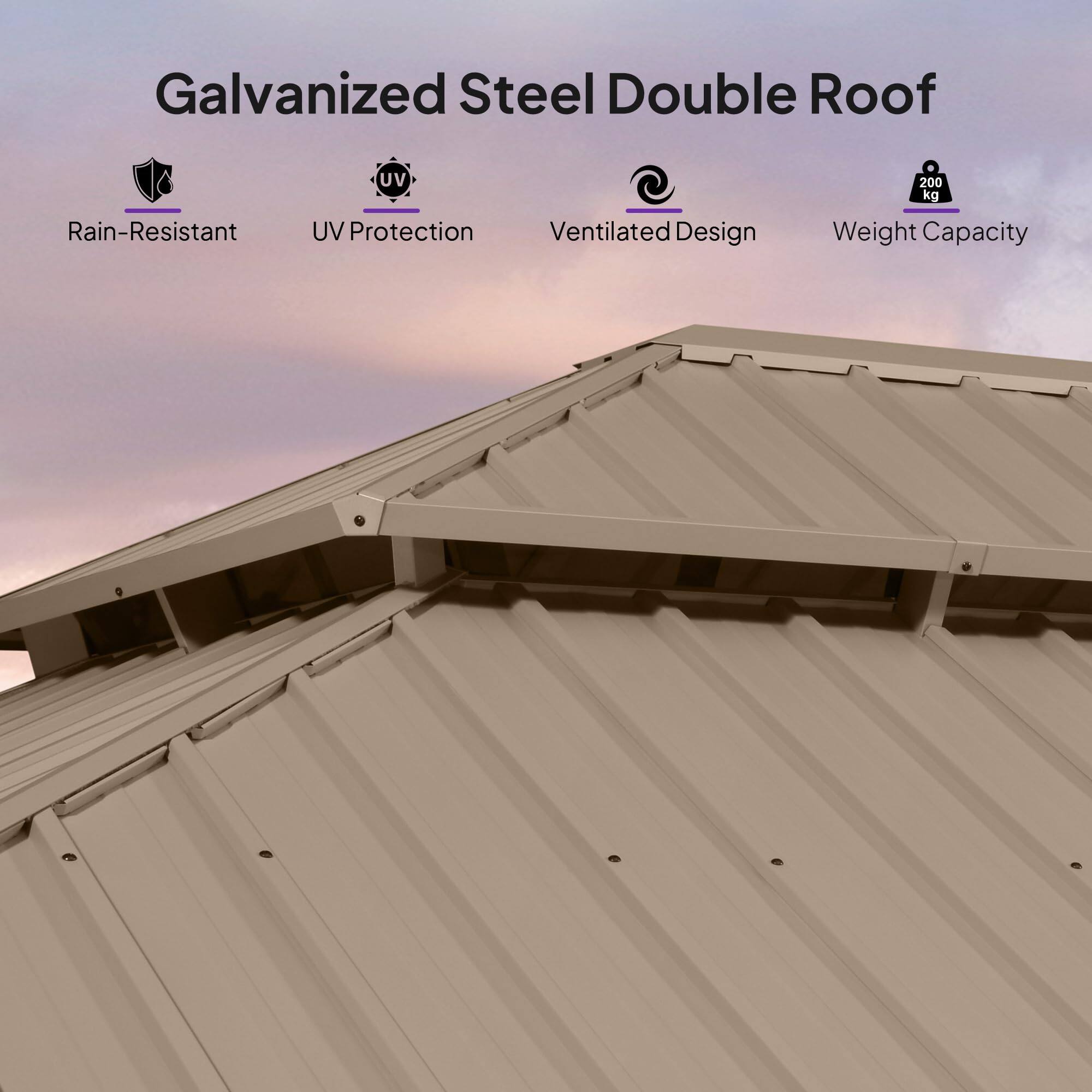 Galvanized Steel Double Roof  
- Rain-Resistant  
- UV Protection  
- Ventilated Design  
- Weight Capacity: 200 kg