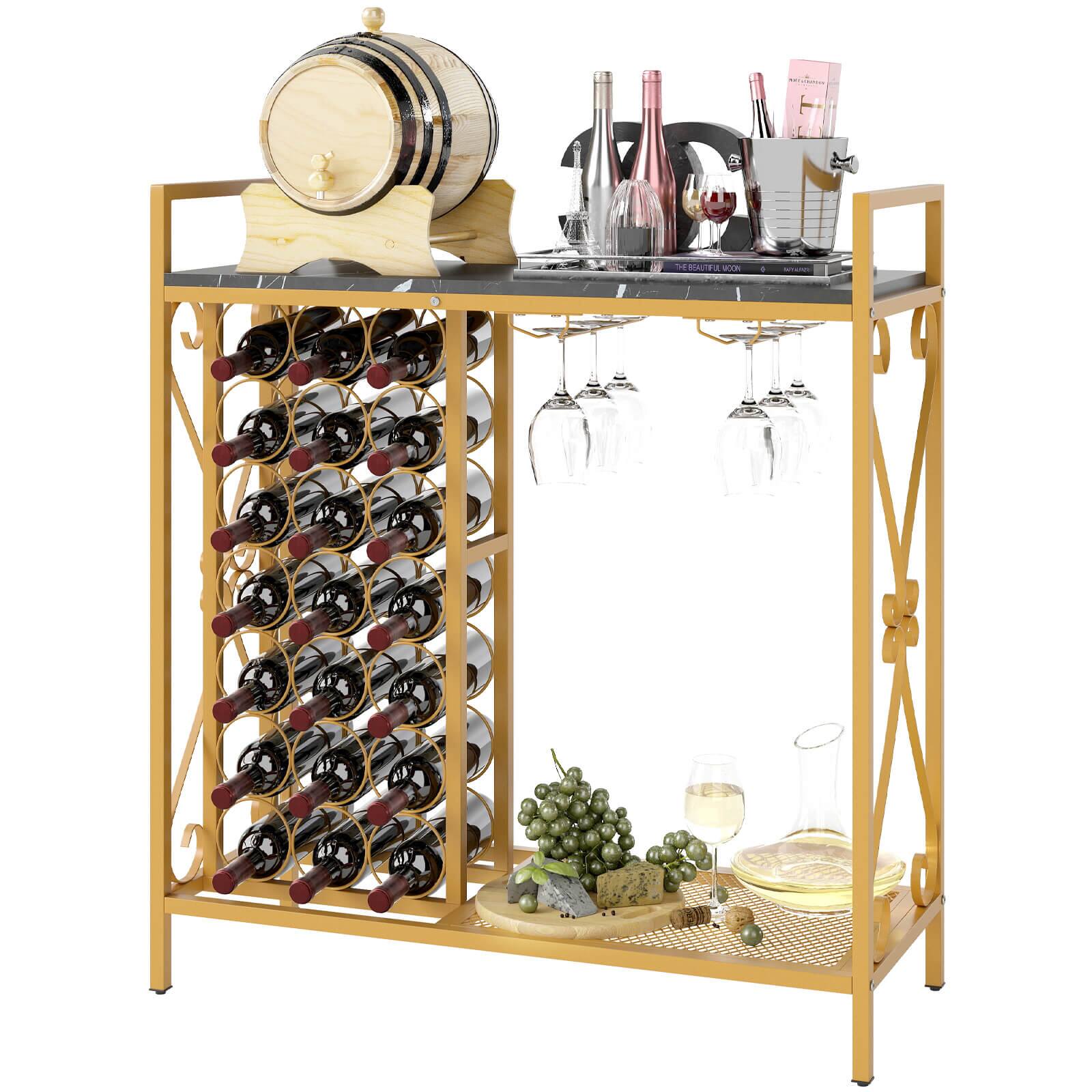 Costway - 21 Bottle Wine Rack Freestanding Floor Wine Bottle Organizer with Storage Shelf - Gold