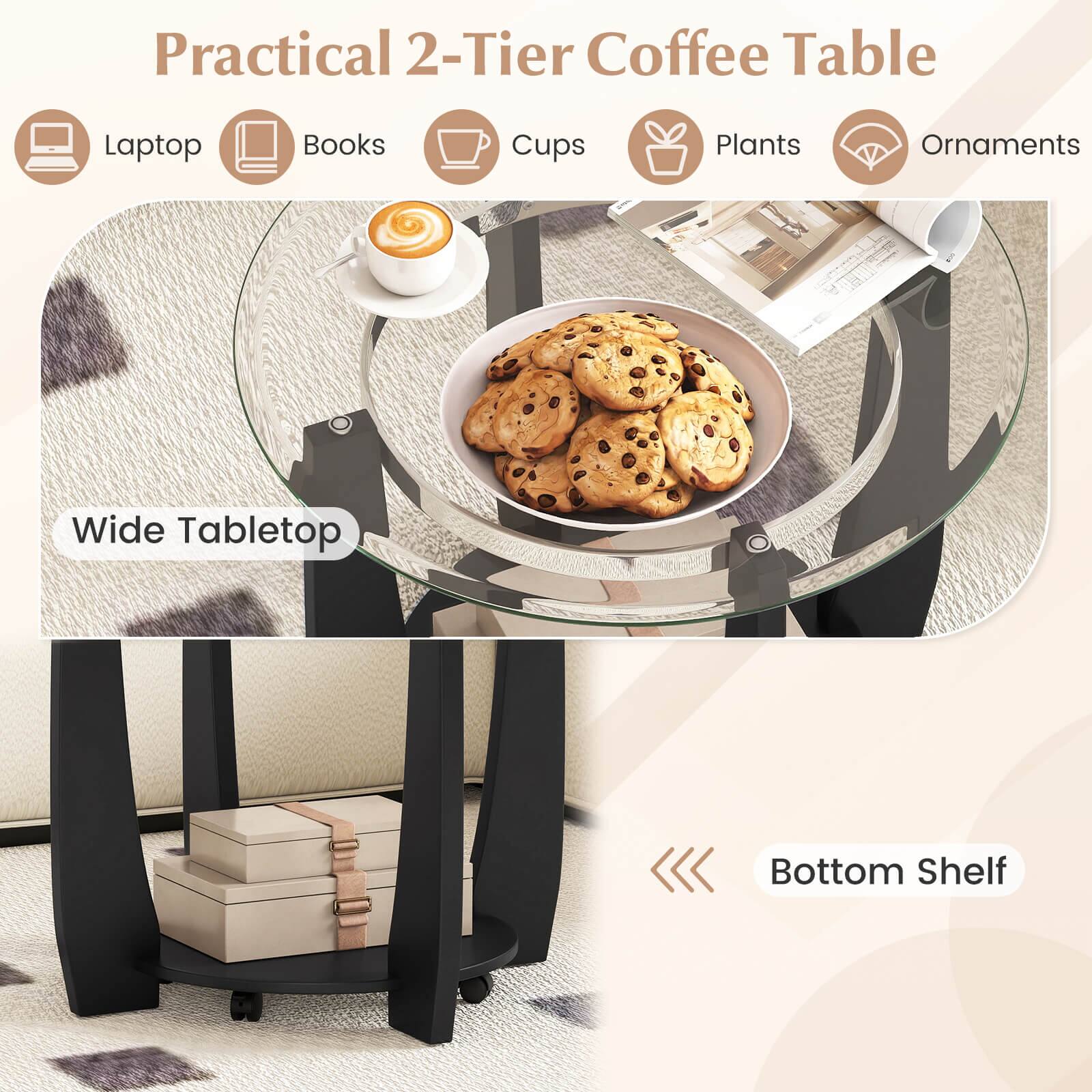 Practical 2-Tier Coffee Table

- Laptop
- Books
- Cups
- Plants
- Ornaments

Wide Tabletop

Bottom Shelf