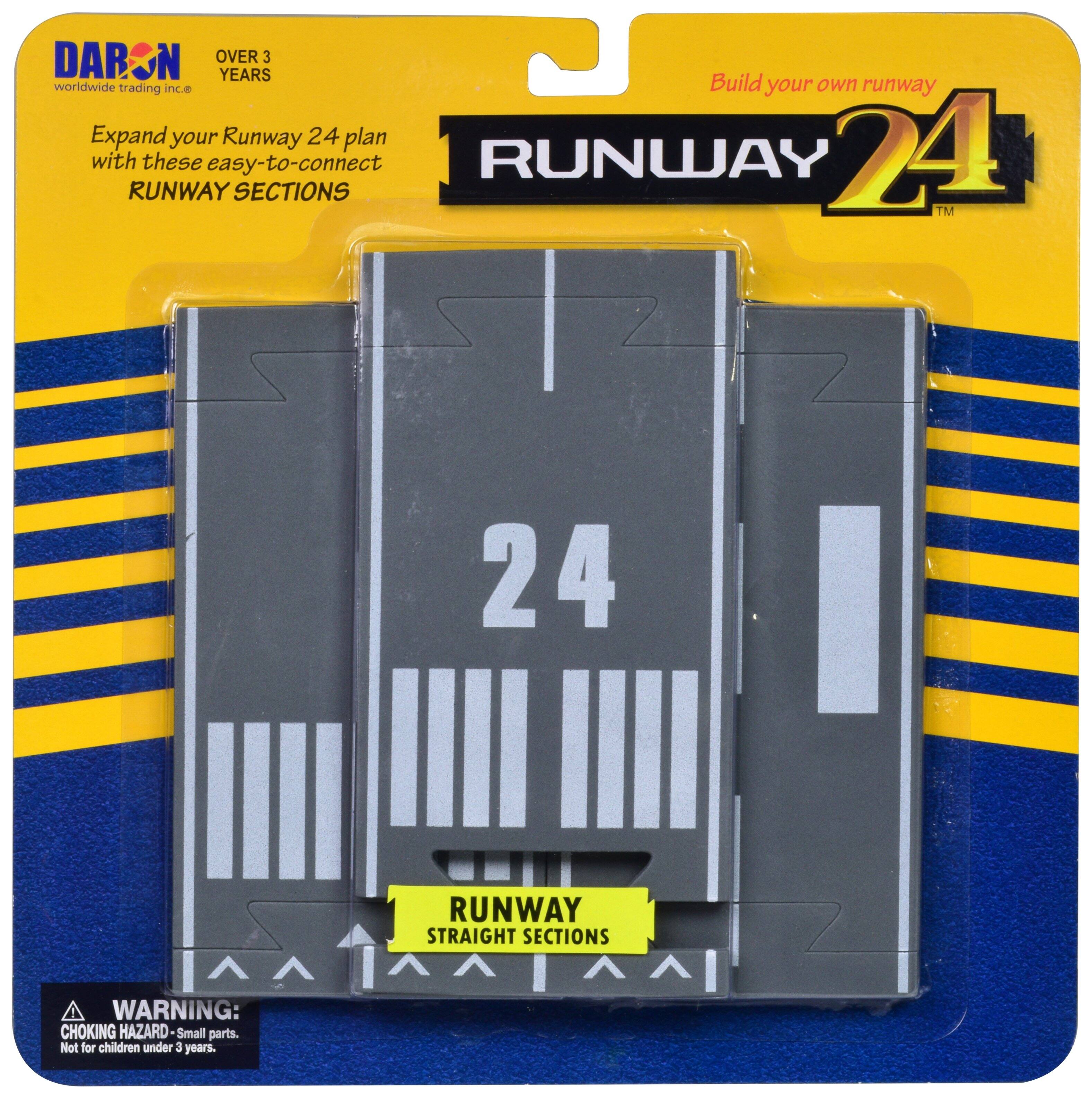 DARON  
worldwide trading inc.  
OVER 3 YEARS  

Expand your Runway 24 plan with these easy-to-connect RUNWAY SECTIONS  

Build your own runway  
RUNWAY 24™  

RUNWAY STRAIGHT SECTIONS  

WARNING: CHOKING HAZARD - Small parts. Not for children under 3 years.