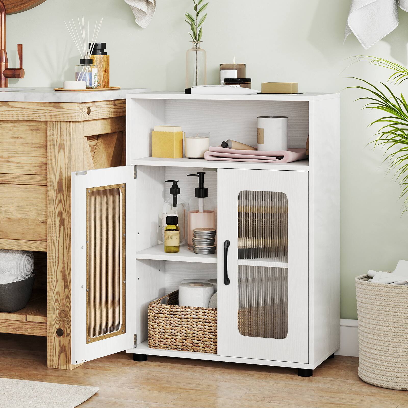 Alt View 4. Gymax - Gymax Bathroom Cabinet Freestanding Cabinet w/ 2 Doors & 3-Level Adjustable Shelf White - White.