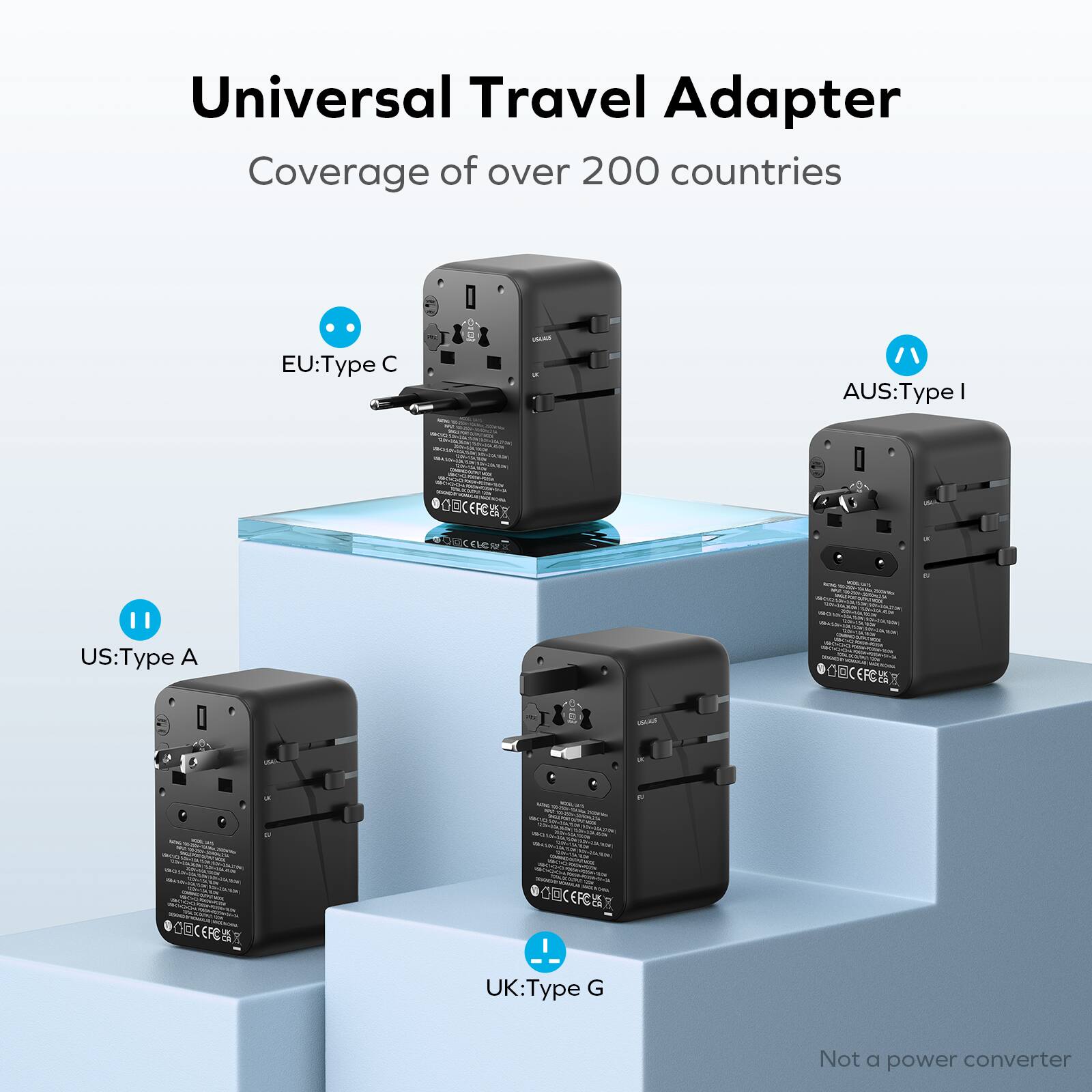 Universal Travel Adapter  
Coverage of over 200 countries  
EU: Type C  
AUS: Type I  
US: Type A  
UK: Type G  
Not a power converter