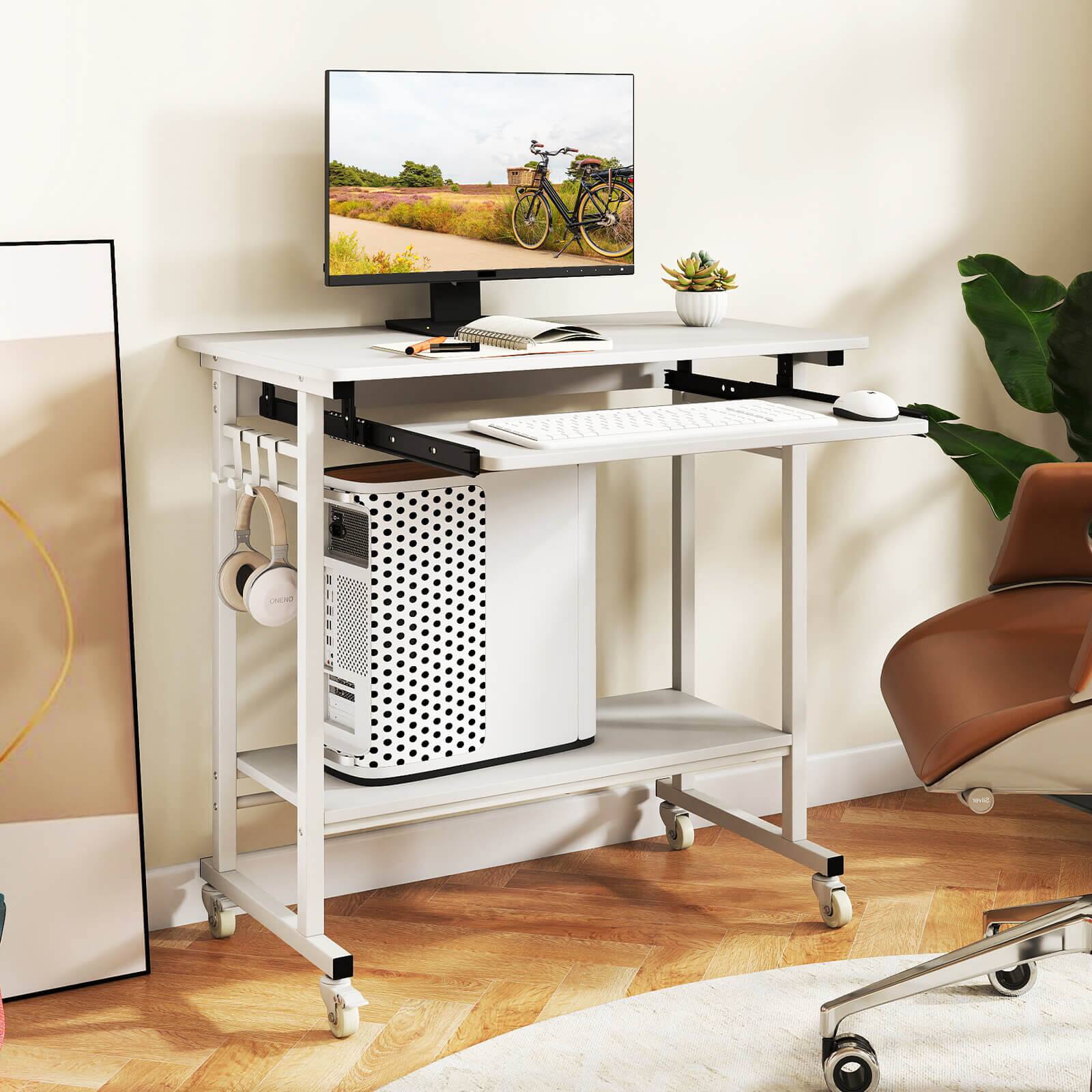 Alt View 4. Costway - Costway Mobile Laptop Desk with Keyboard Tray, Lower Shelf, 3 Hooks, 4 Universal Wheels - White.