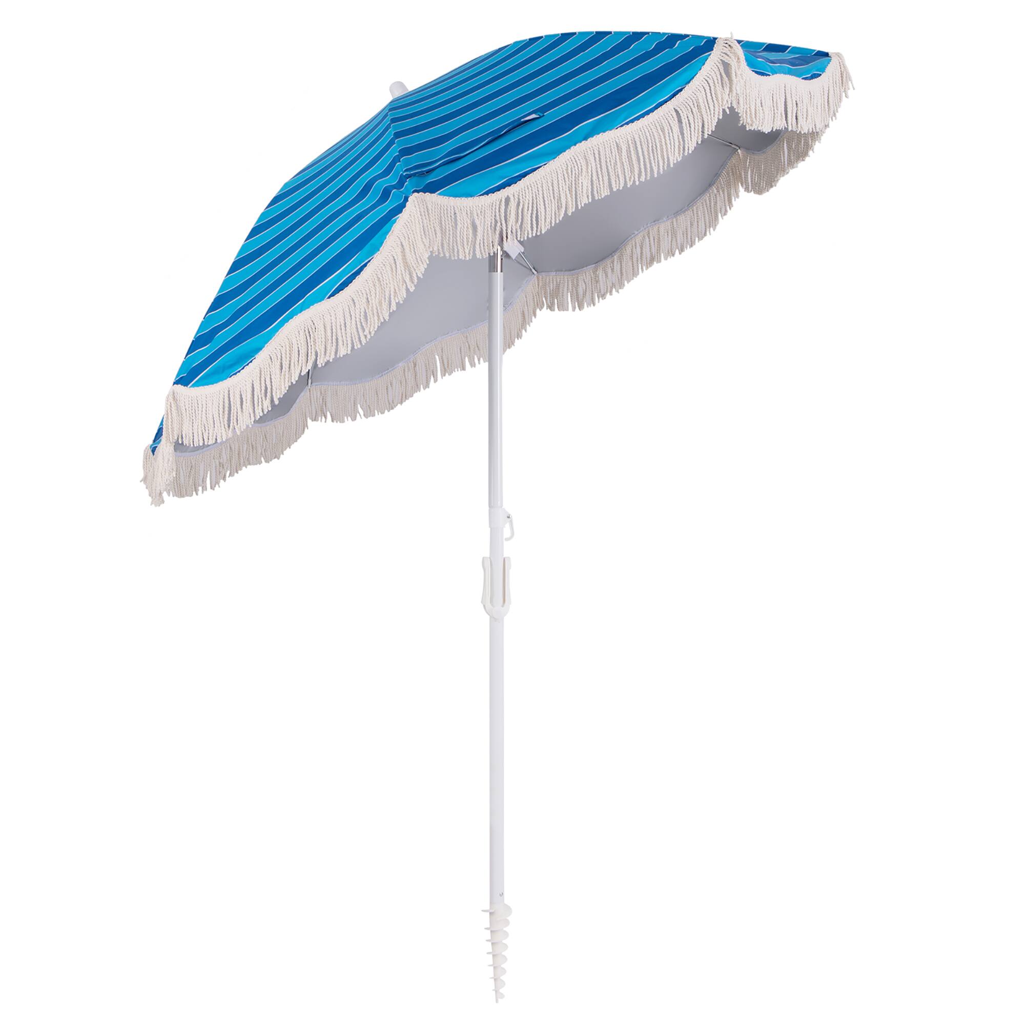 Alt View 9. Gymax - Gymax 6.5 FT Beach Umbrella w/ Fringe Tassel Umbrella w/ Push Button Tilt Sand Anchor Navy Blue - Navy Blue.