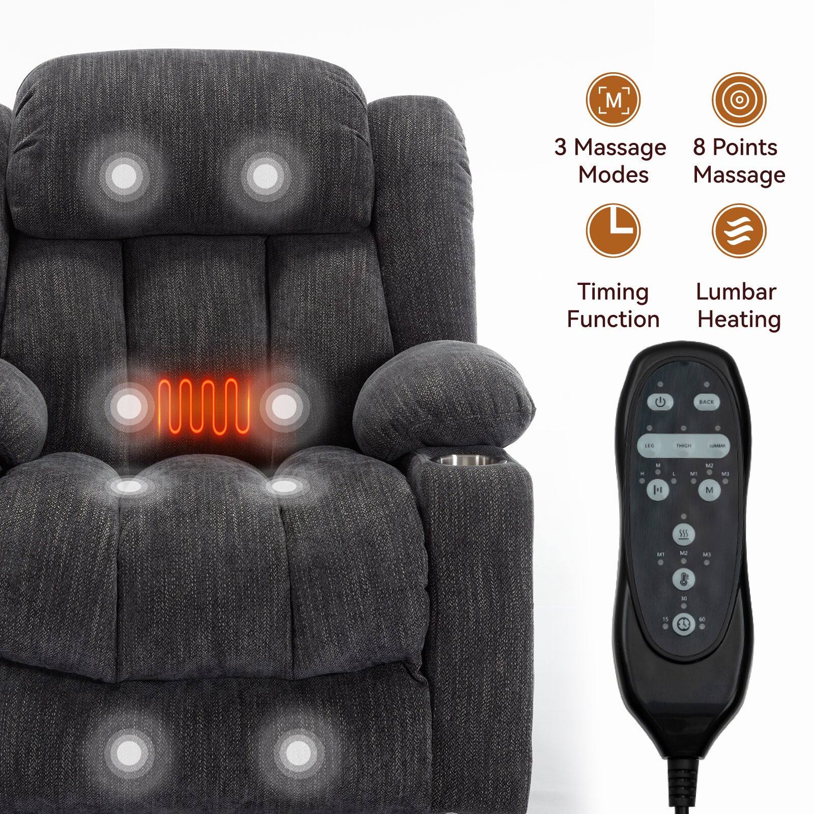 The image shows a gray recliner chair with a remote control and a massage function. The remote control has a massage button, a lumbar function button, and a heating button. The massage function has three massage modes and eight points for a customized massage experience. The chair is designed to provide comfort and relaxation, making it an ideal choice for those seeking a soothing and therapeutic experience.