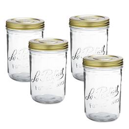 Le Parfait - Familia Wiss Terrine - 1L Wide Mouth French Glass Mason Jar w/ 2-Piece Gold Lid, 32oz/Quart (Pack of 4) dia.110mm